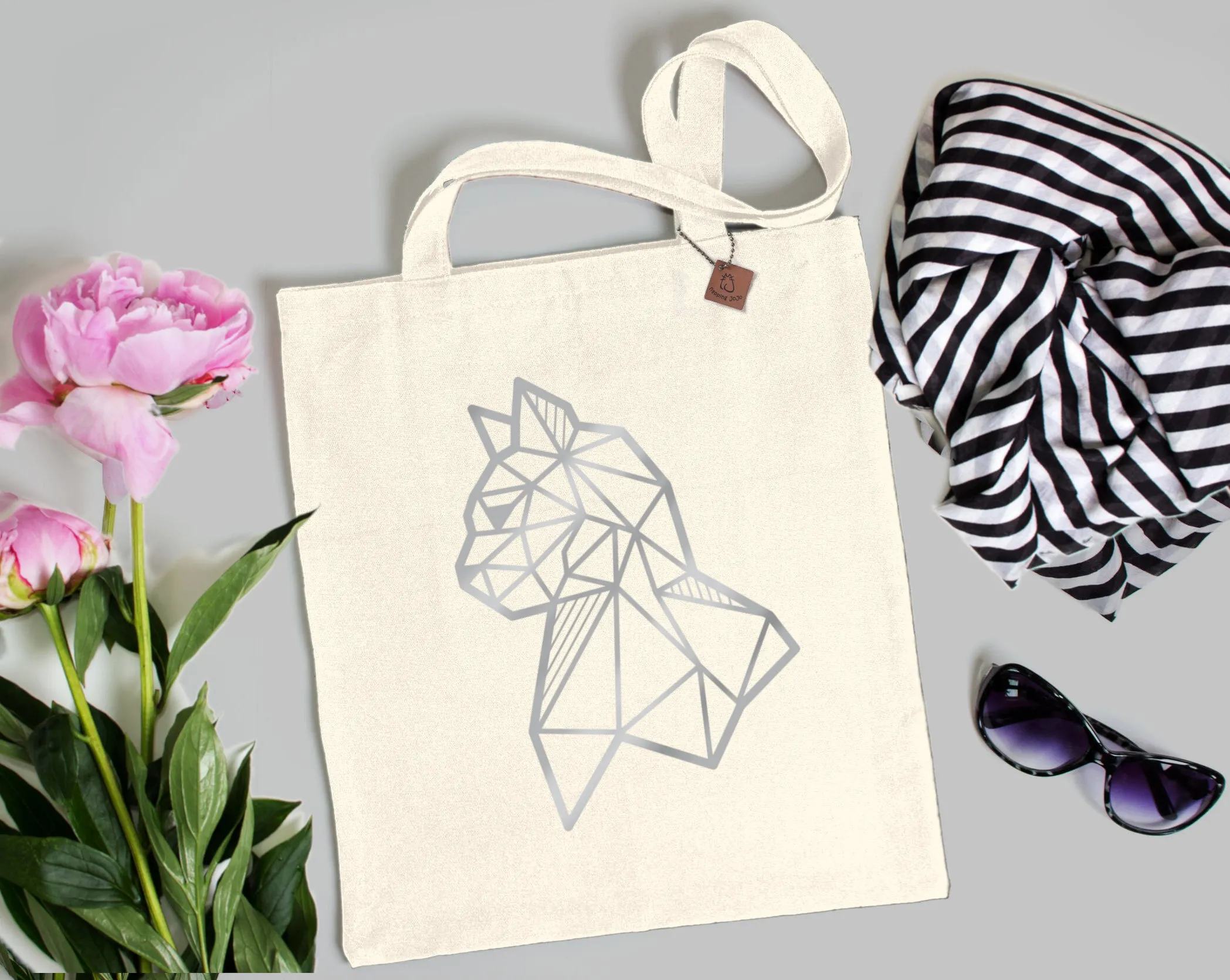 Silver Geometric Cat Tote Bag: heavyweight cotton canvas shopping bag