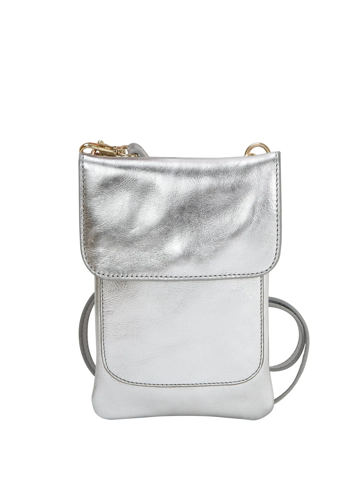 Silver Metallic Mini Crossbody Leather Phone Bag
