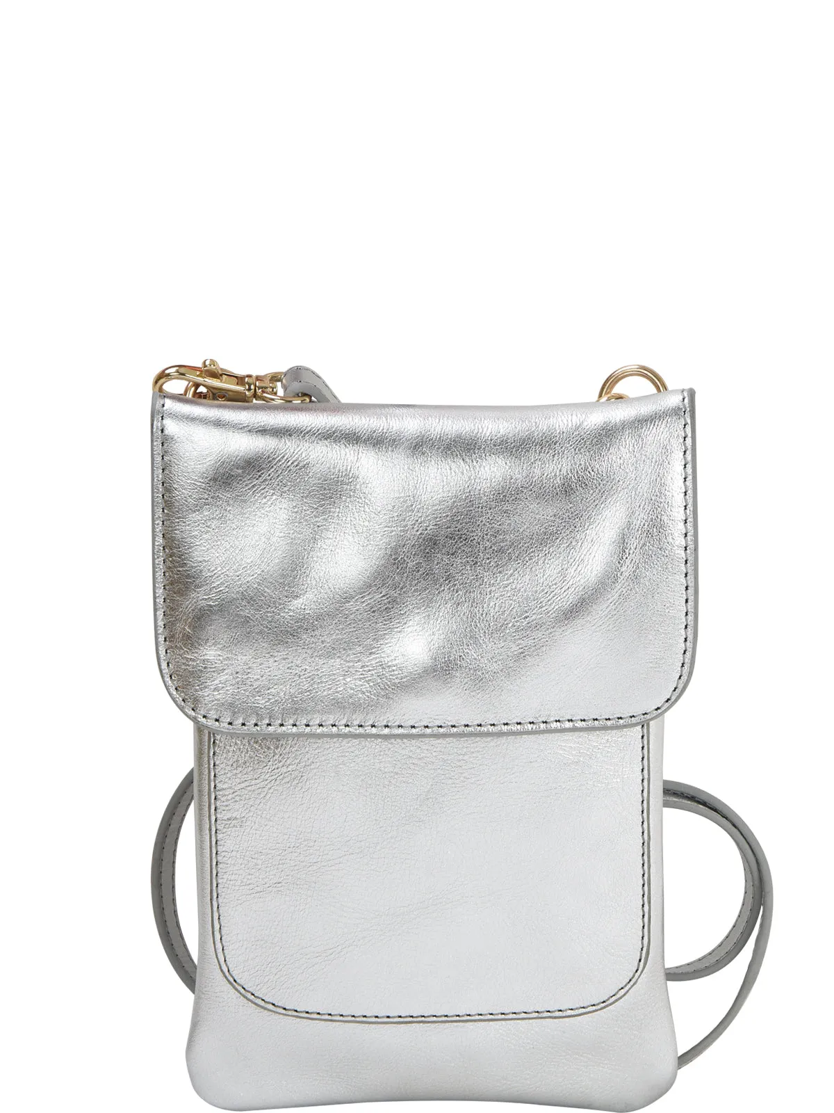 Silver Metallic Mini Crossbody Leather Phone Bag