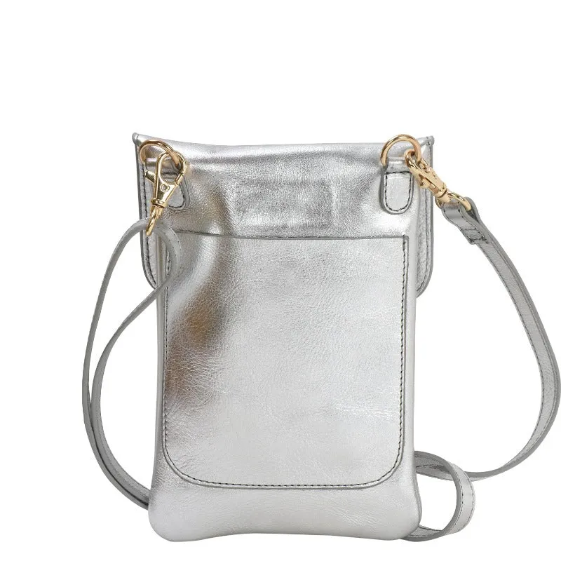 Silver Metallic Mini Crossbody Leather Phone Bag