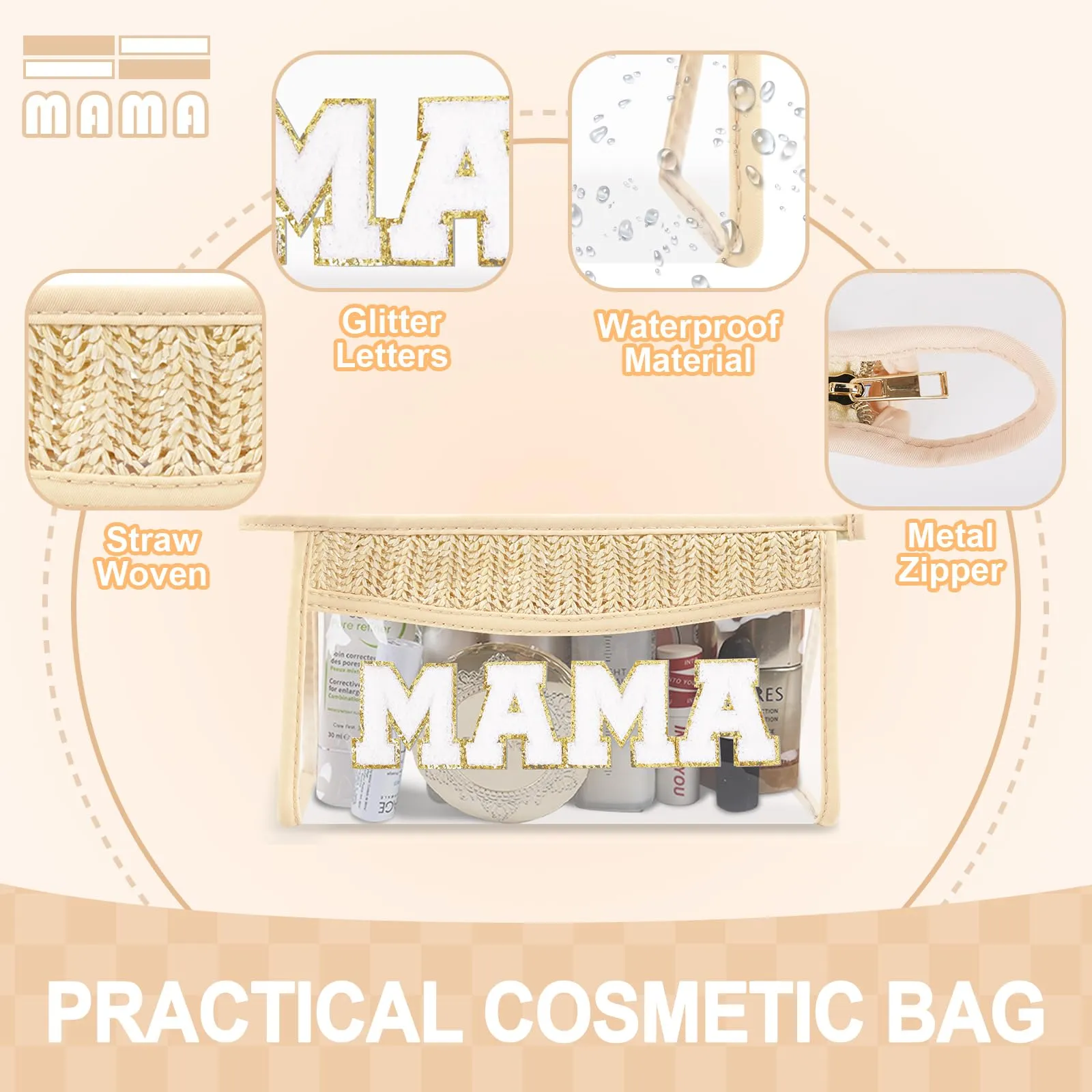 Small Boho Straw Clear Mama Makeup Bags for Women&Girls, Zipper Cosmetic Bag Chenille Varsity Letter Patch Bag, Preppy Cute Toiletry Pouch, Trendy Organizer Storage Bag for Beach Travel Essentials