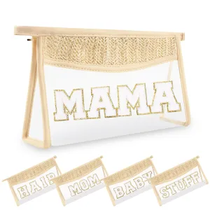 Small Boho Straw Clear Mama Makeup Bags for Women&Girls, Zipper Cosmetic Bag Chenille Varsity Letter Patch Bag, Preppy Cute Toiletry Pouch, Trendy Organizer Storage Bag for Beach Travel Essentials