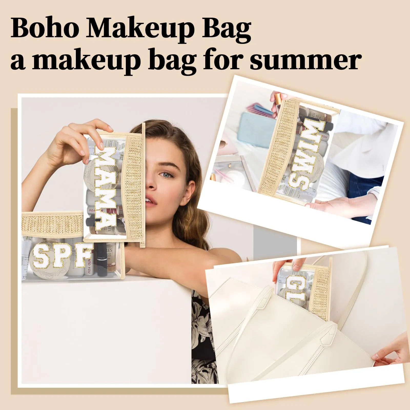 Small Boho Straw Clear Mama Makeup Bags for Women&Girls, Zipper Cosmetic Bag Chenille Varsity Letter Patch Bag, Preppy Cute Toiletry Pouch, Trendy Organizer Storage Bag for Beach Travel Essentials