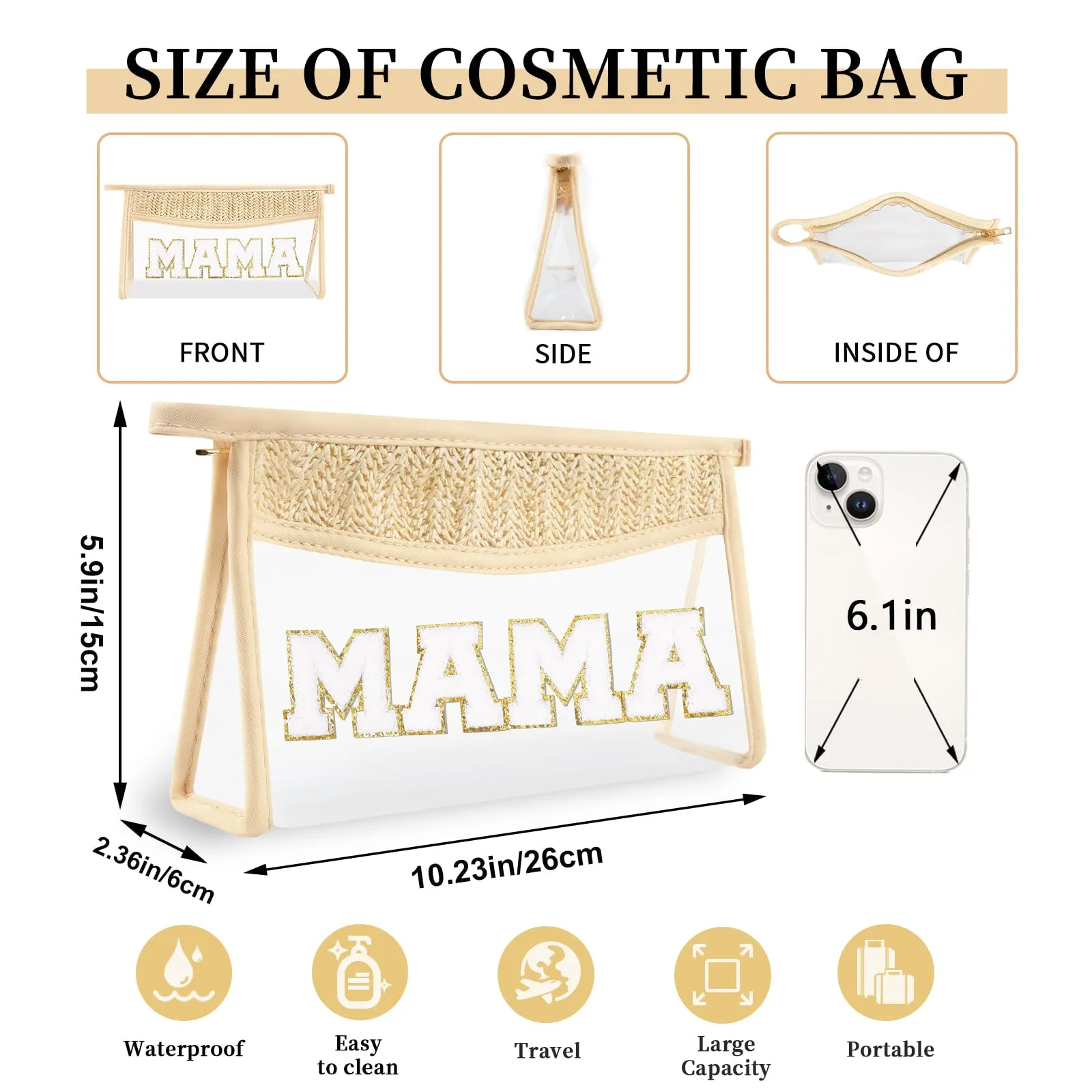 Small Boho Straw Clear Mama Makeup Bags for Women&Girls, Zipper Cosmetic Bag Chenille Varsity Letter Patch Bag, Preppy Cute Toiletry Pouch, Trendy Organizer Storage Bag for Beach Travel Essentials