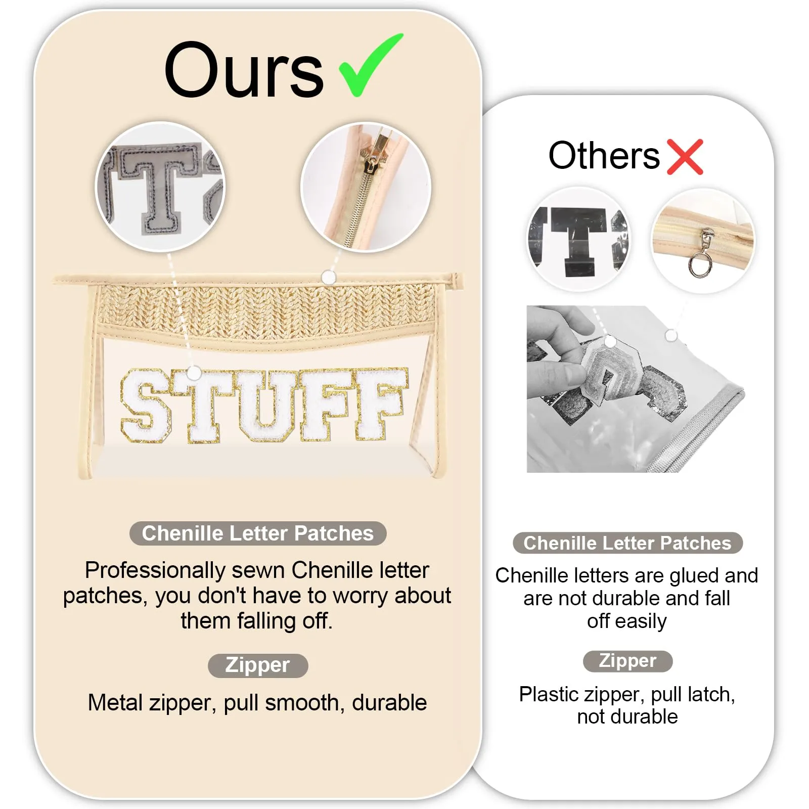 Small Boho Straw Clear Mama Makeup Bags for Women&Girls, Zipper Cosmetic Bag Chenille Varsity Letter Patch Bag, Preppy Cute Toiletry Pouch, Trendy Organizer Storage Bag for Beach Travel Essentials