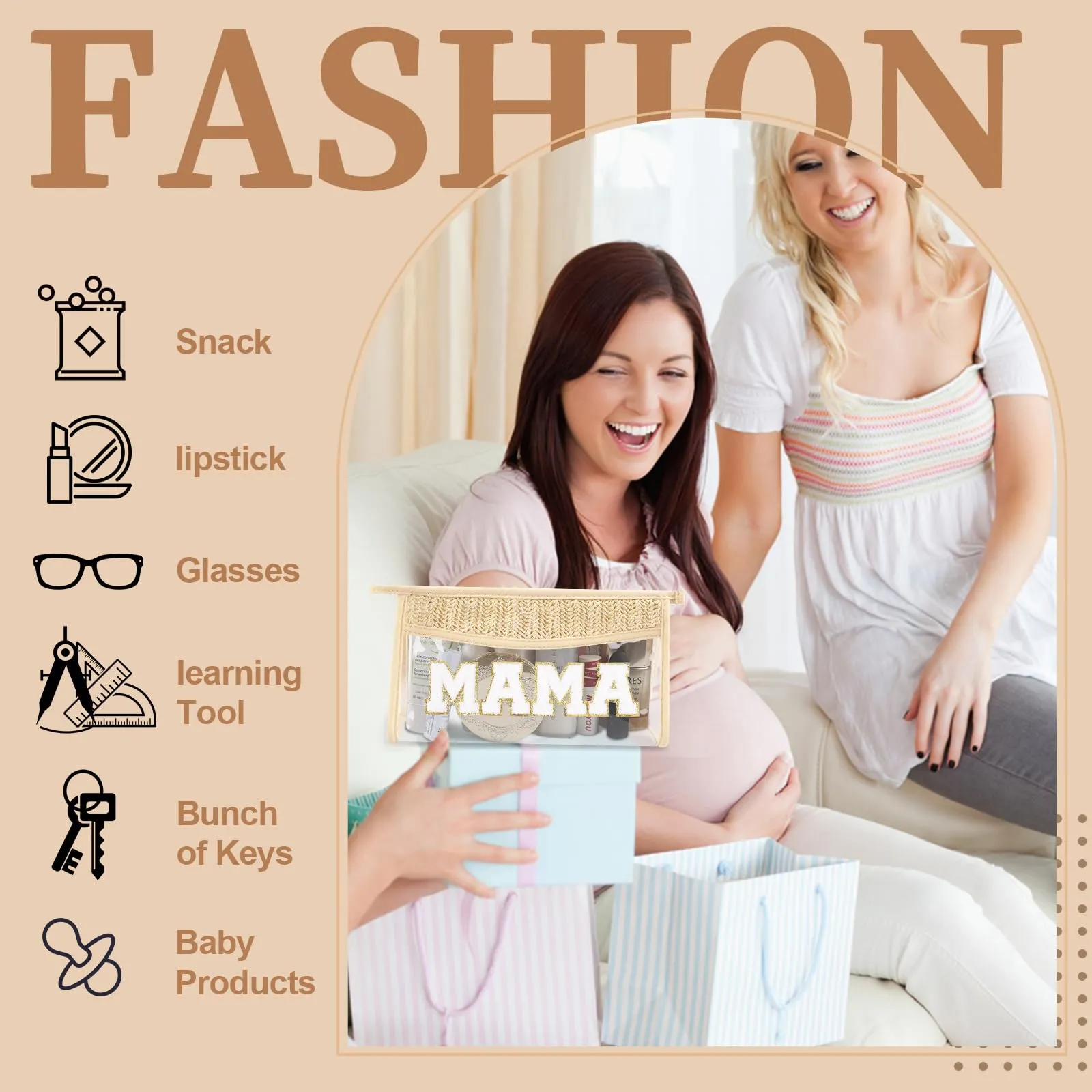 Small Boho Straw Clear Mama Makeup Bags for Women&Girls, Zipper Cosmetic Bag Chenille Varsity Letter Patch Bag, Preppy Cute Toiletry Pouch, Trendy Organizer Storage Bag for Beach Travel Essentials