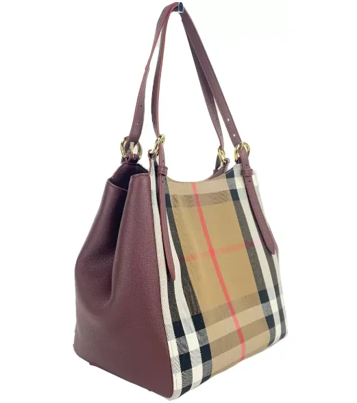 Small Canterby Mahogany Leather Check Canvas Tote Bag Purse