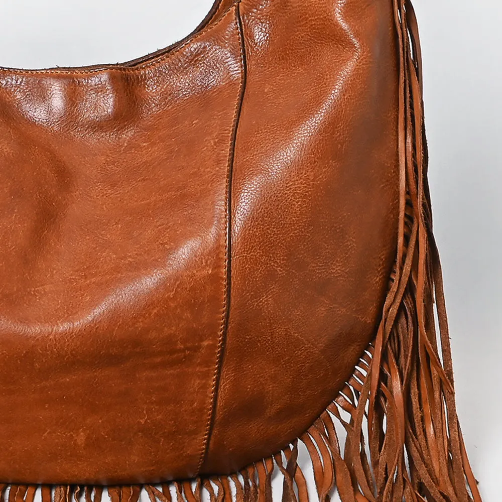 Spaghetti Western Swc127Tan Hobo Vintage Handmade Drum Dyed Genuine European Cowhide Leather Women Bag Western Handbag Purse
