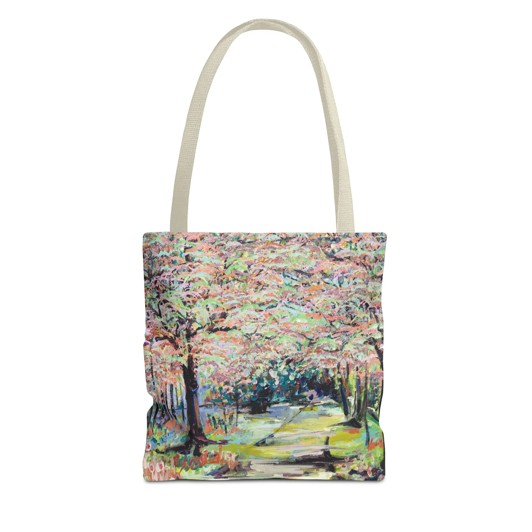 Spring Tree Flowers Landscape Art Tote Bag Canvas Shopping Bag - Path in Reynolda Gardens by Leslie Karpinski