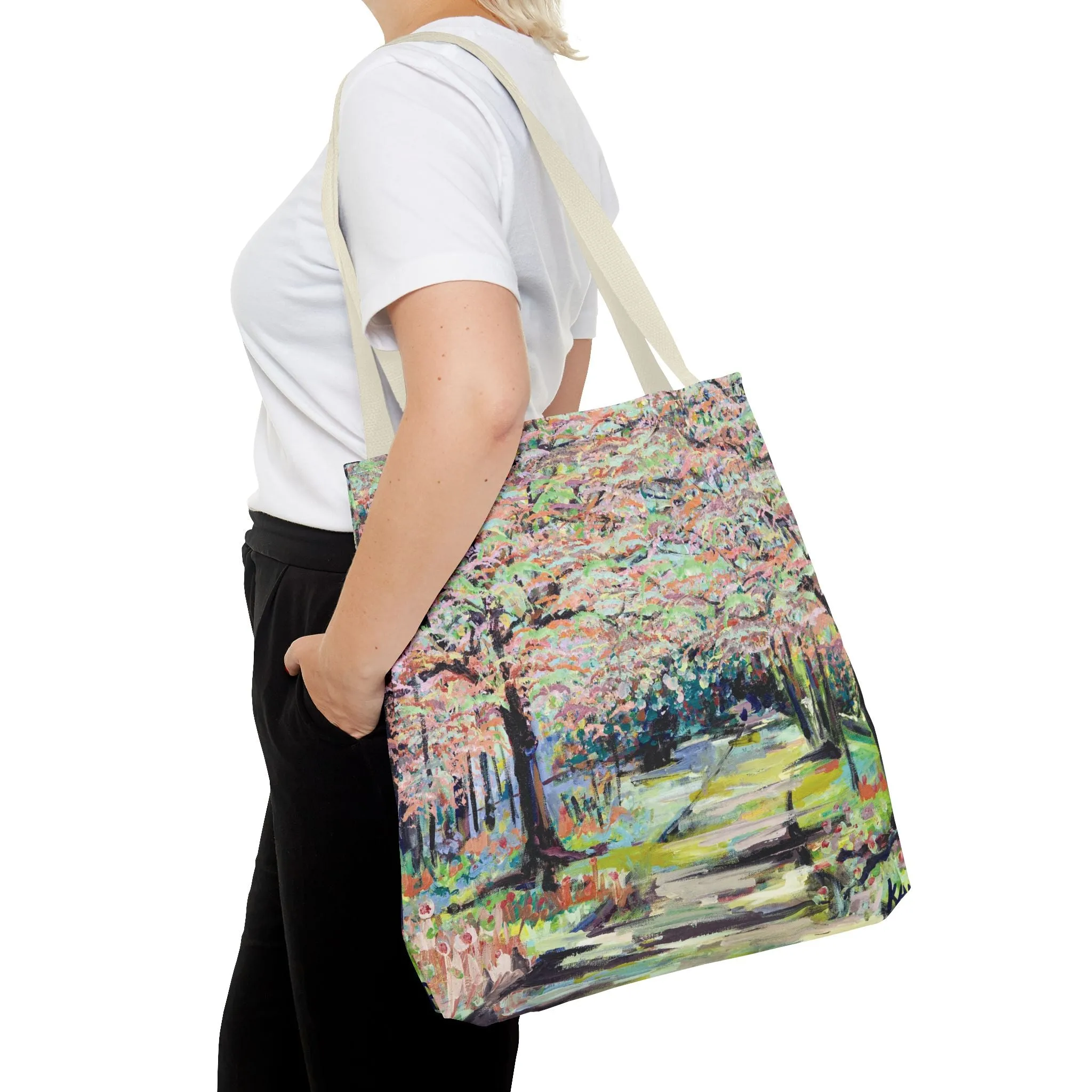 Spring Tree Flowers Landscape Art Tote Bag Canvas Shopping Bag - Path in Reynolda Gardens by Leslie Karpinski