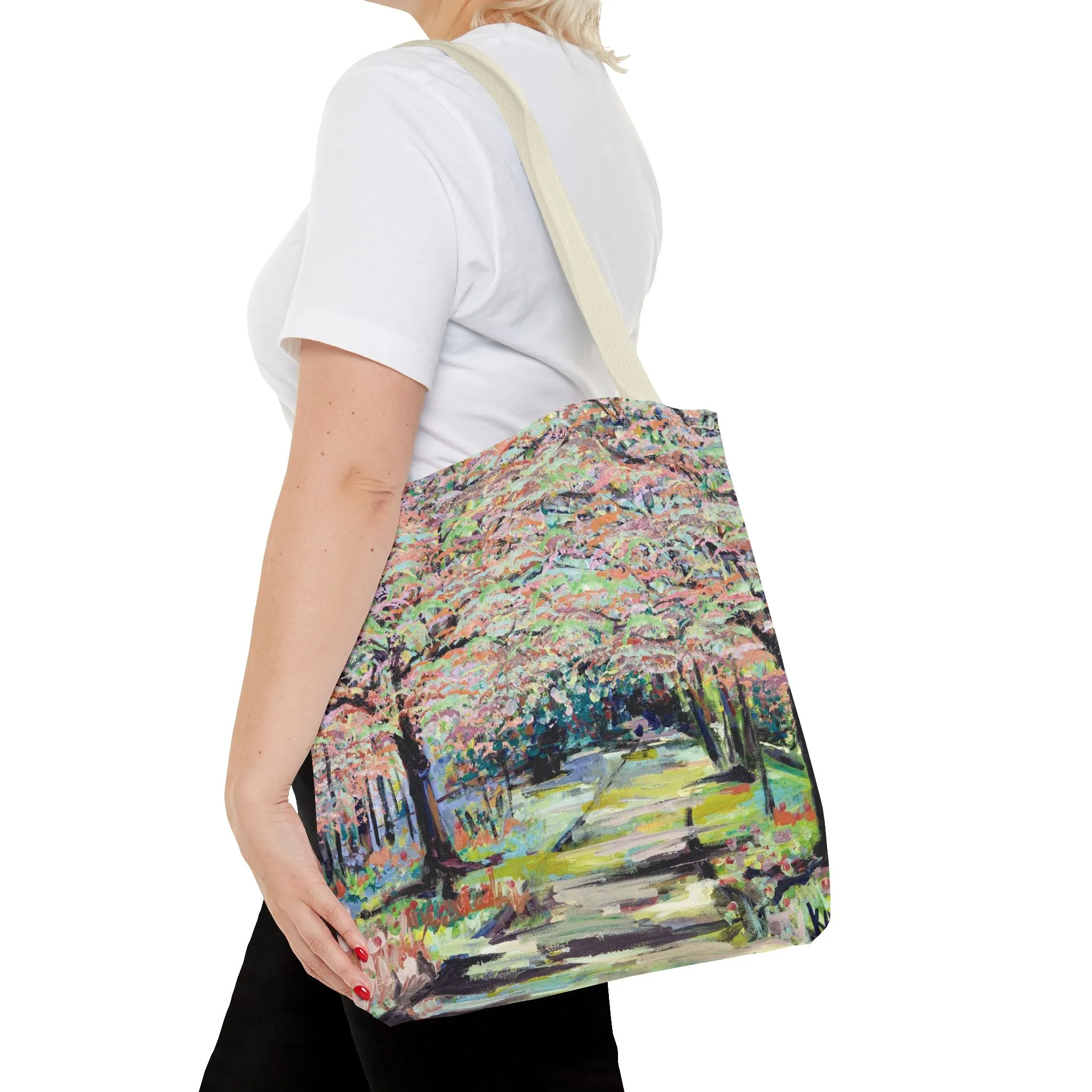 Spring Tree Flowers Landscape Art Tote Bag Canvas Shopping Bag - Path in Reynolda Gardens by Leslie Karpinski