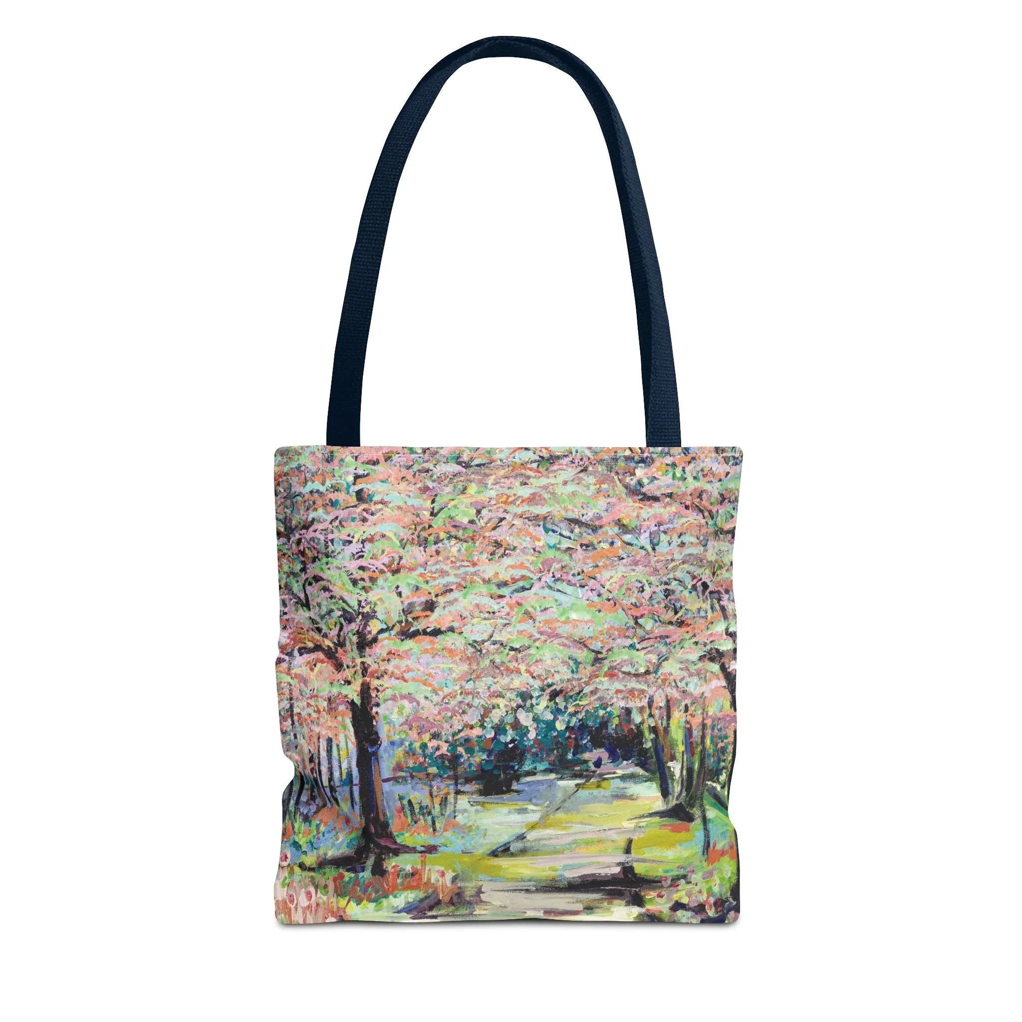 Spring Tree Flowers Landscape Art Tote Bag Canvas Shopping Bag - Path in Reynolda Gardens by Leslie Karpinski