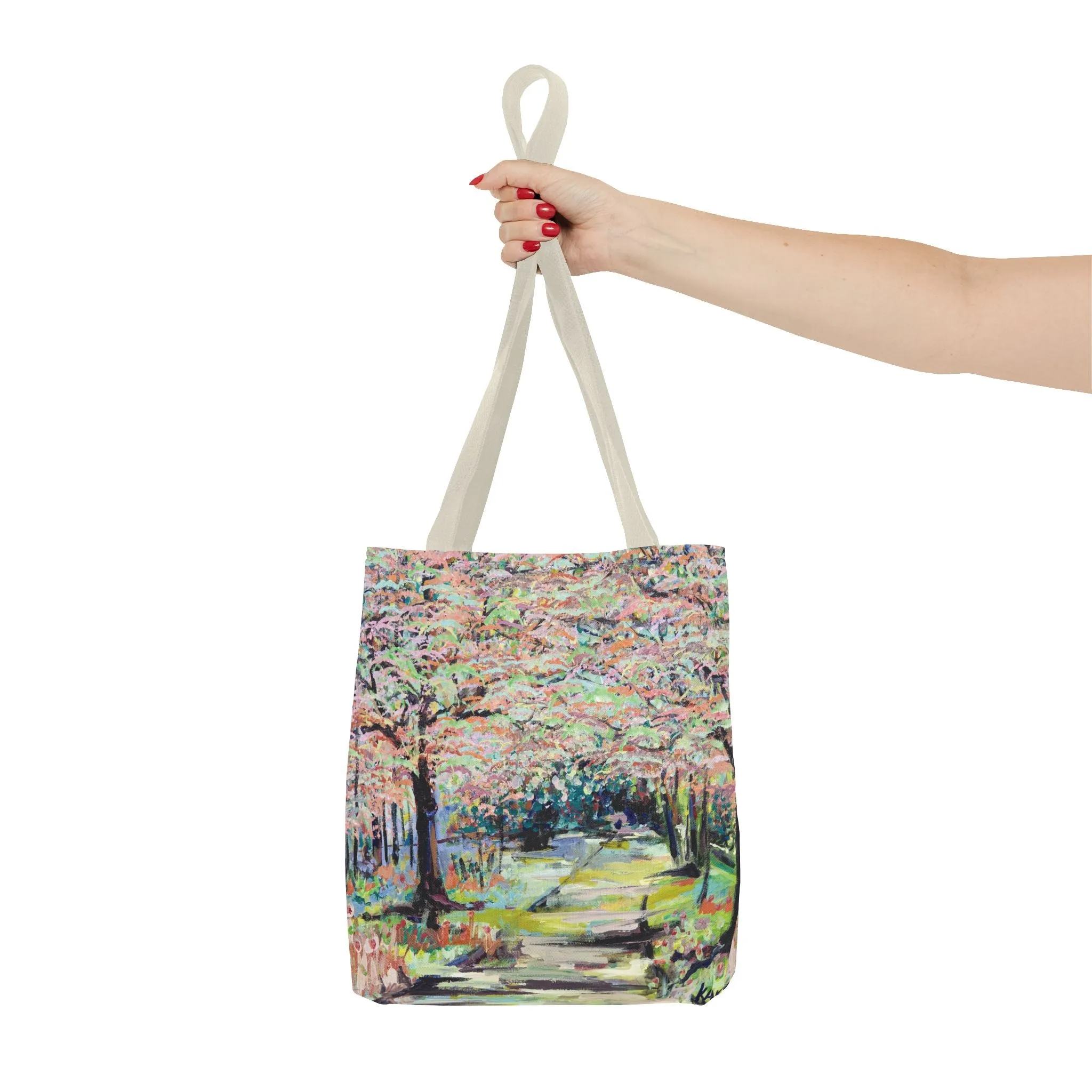 Spring Tree Flowers Landscape Art Tote Bag Canvas Shopping Bag - Path in Reynolda Gardens by Leslie Karpinski