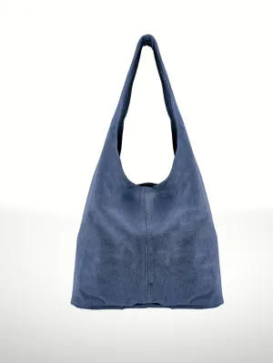 Suede Leather Hobo Bag in Denim Blue