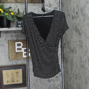 Talbots Womens V-Neck Faux Wrap Blouse Shirt Top Black / White Polka Bot PM