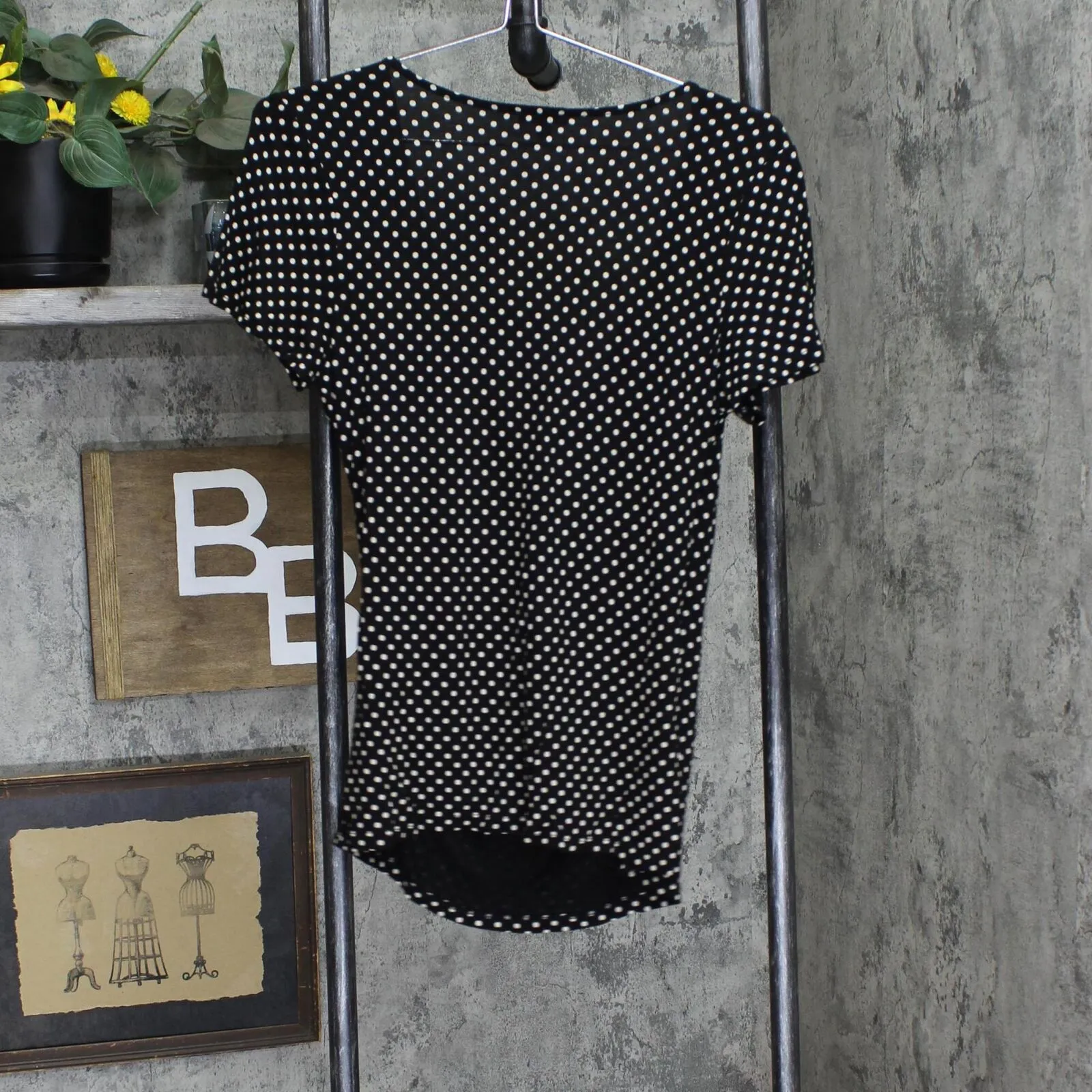 Talbots Womens V-Neck Faux Wrap Blouse Shirt Top Black / White Polka Bot PM