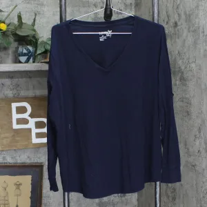 Terra & Sky Womens V-Neck Long Sleeve Knit Shirt Blouse Top Navy Blue 2X
