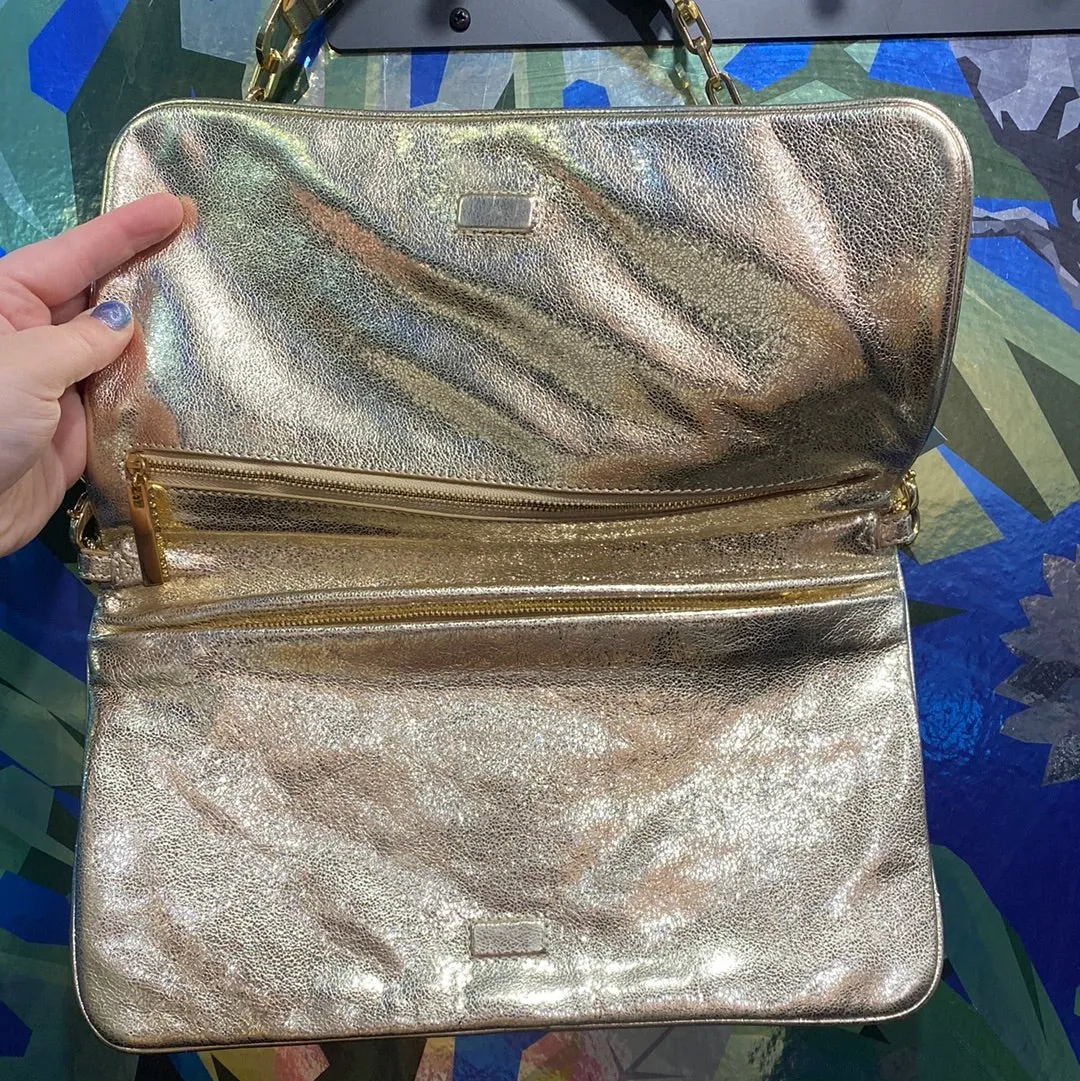 Tory Burch Gold Metallic Double Zip Fold Leather Bag with Gold Removeable Chain and XL Logo