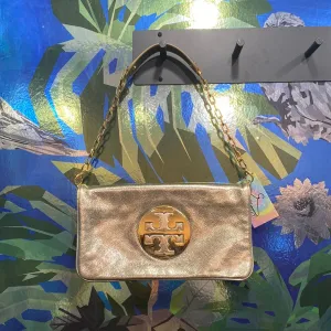 Tory Burch Gold Metallic Double Zip Fold Leather Bag with Gold Removeable Chain and XL Logo