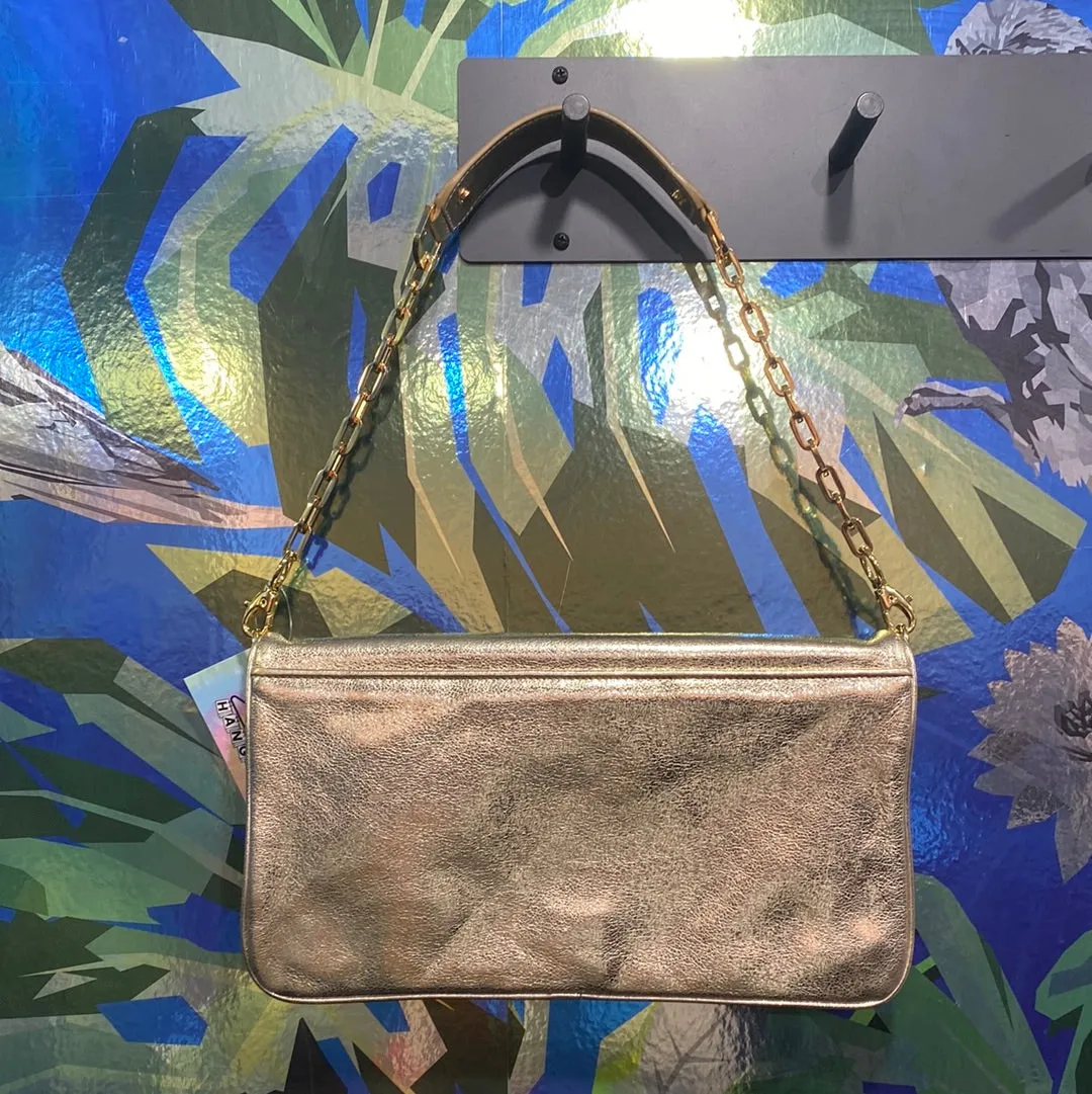 Tory Burch Gold Metallic Double Zip Fold Leather Bag with Gold Removeable Chain and XL Logo