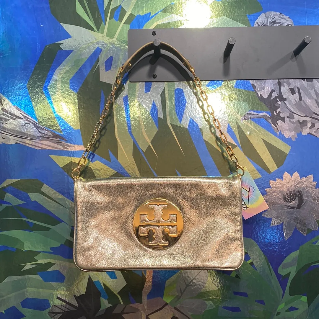 Tory Burch Gold Metallic Double Zip Fold Leather Bag with Gold Removeable Chain and XL Logo