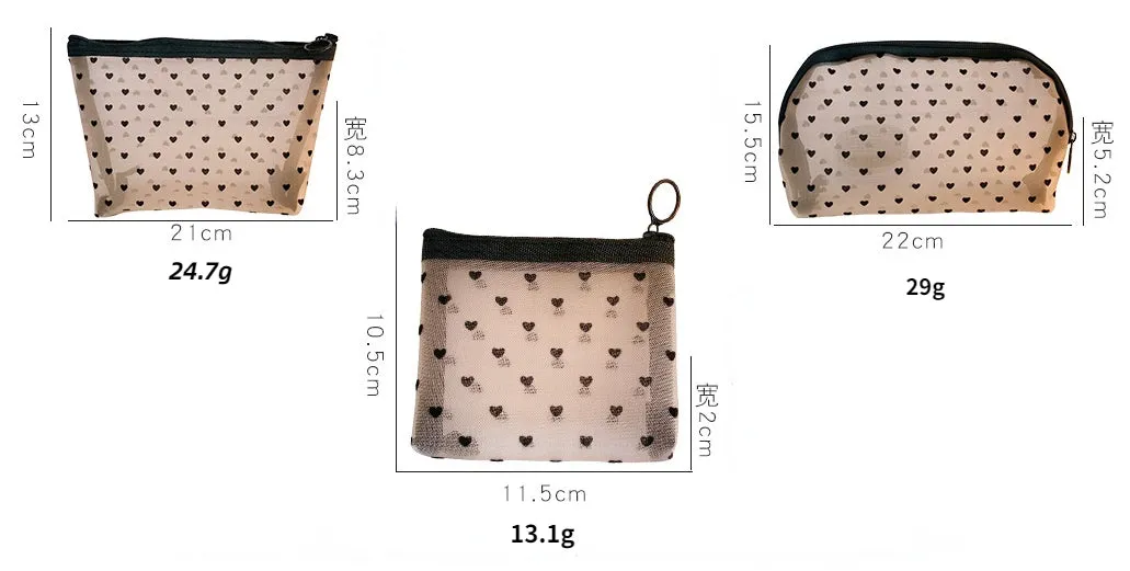 Transparent Cosmetic & Makeup Bags w/ Black Heart Print