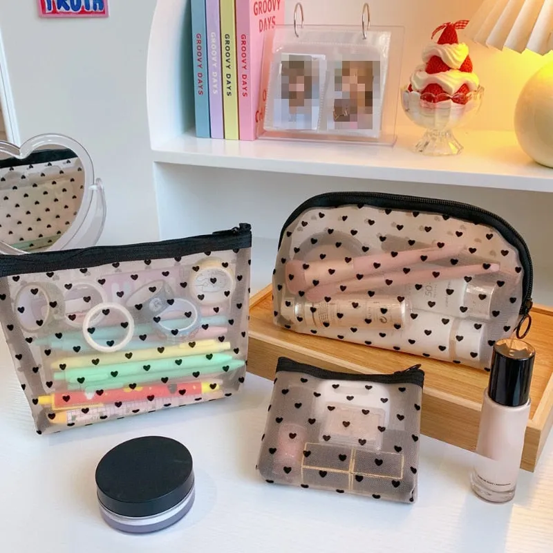 Transparent Cosmetic & Makeup Bags w/ Black Heart Print