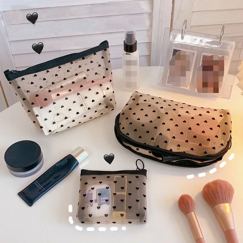 Transparent Cosmetic & Makeup Bags w/ Black Heart Print