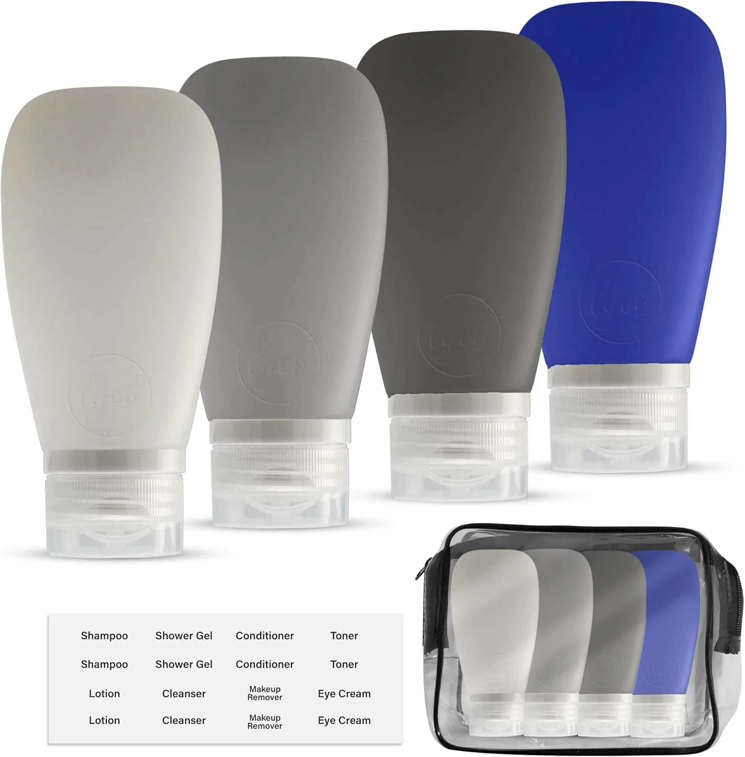 Travel Bottles for Toiletries, TSA Approved 3Oz Leak Proof Silicone Refillable Squeeze Travel Size Containers BPA Free for Cleansers, Lotions, Shampoo 3-Pk (Black-Gray-White)