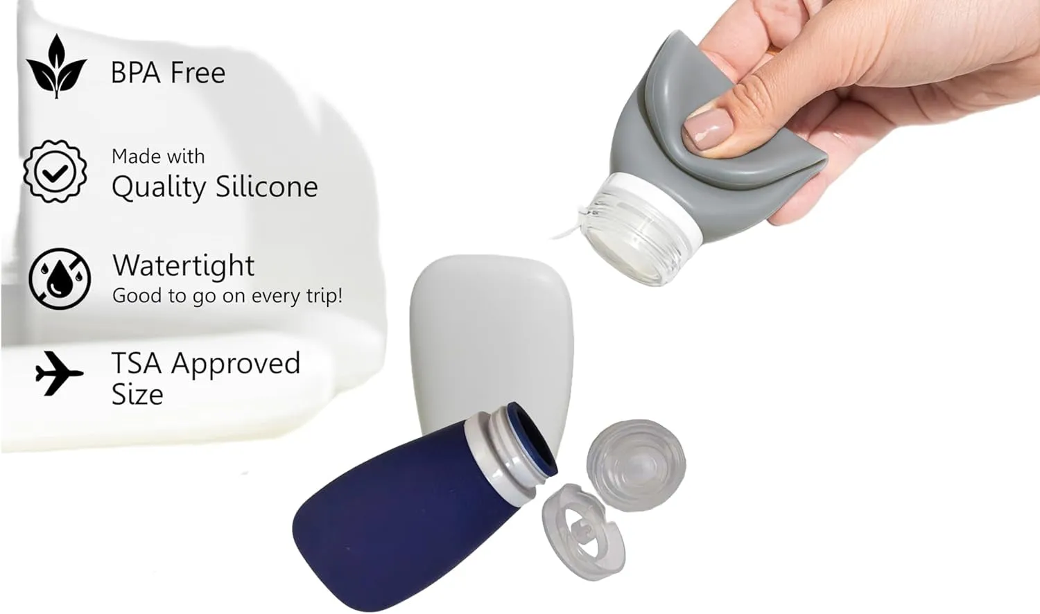 Travel Bottles for Toiletries, TSA Approved 3Oz Leak Proof Silicone Refillable Squeeze Travel Size Containers BPA Free for Cleansers, Lotions, Shampoo 3-Pk (Black-Gray-White)
