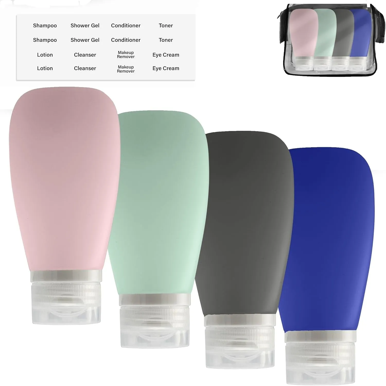 Travel Bottles for Toiletries, TSA Approved 3Oz Leak Proof Silicone Refillable Squeeze Travel Size Containers BPA Free for Cleansers, Lotions, Shampoo 3-Pk (Black-Gray-White)
