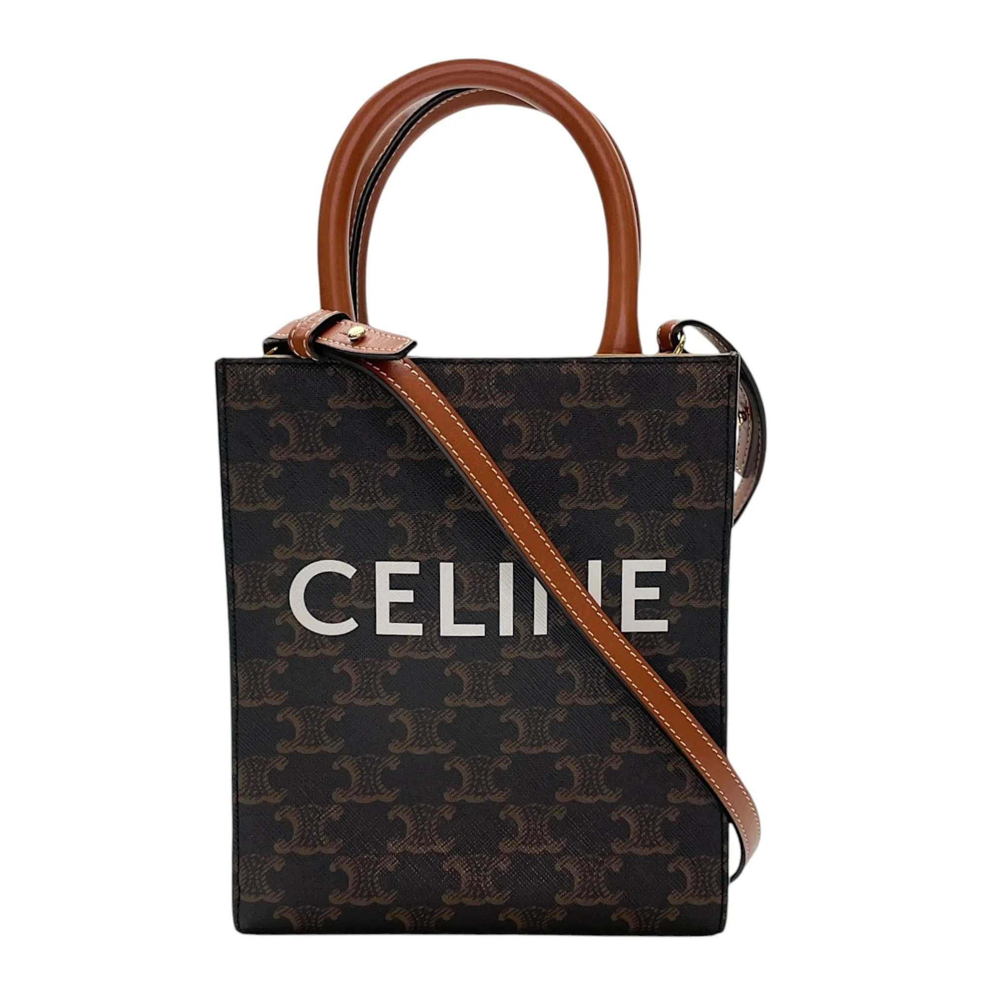 Triomphe Mini Brown Tote Bag in Coated Canvas, Gold hardware