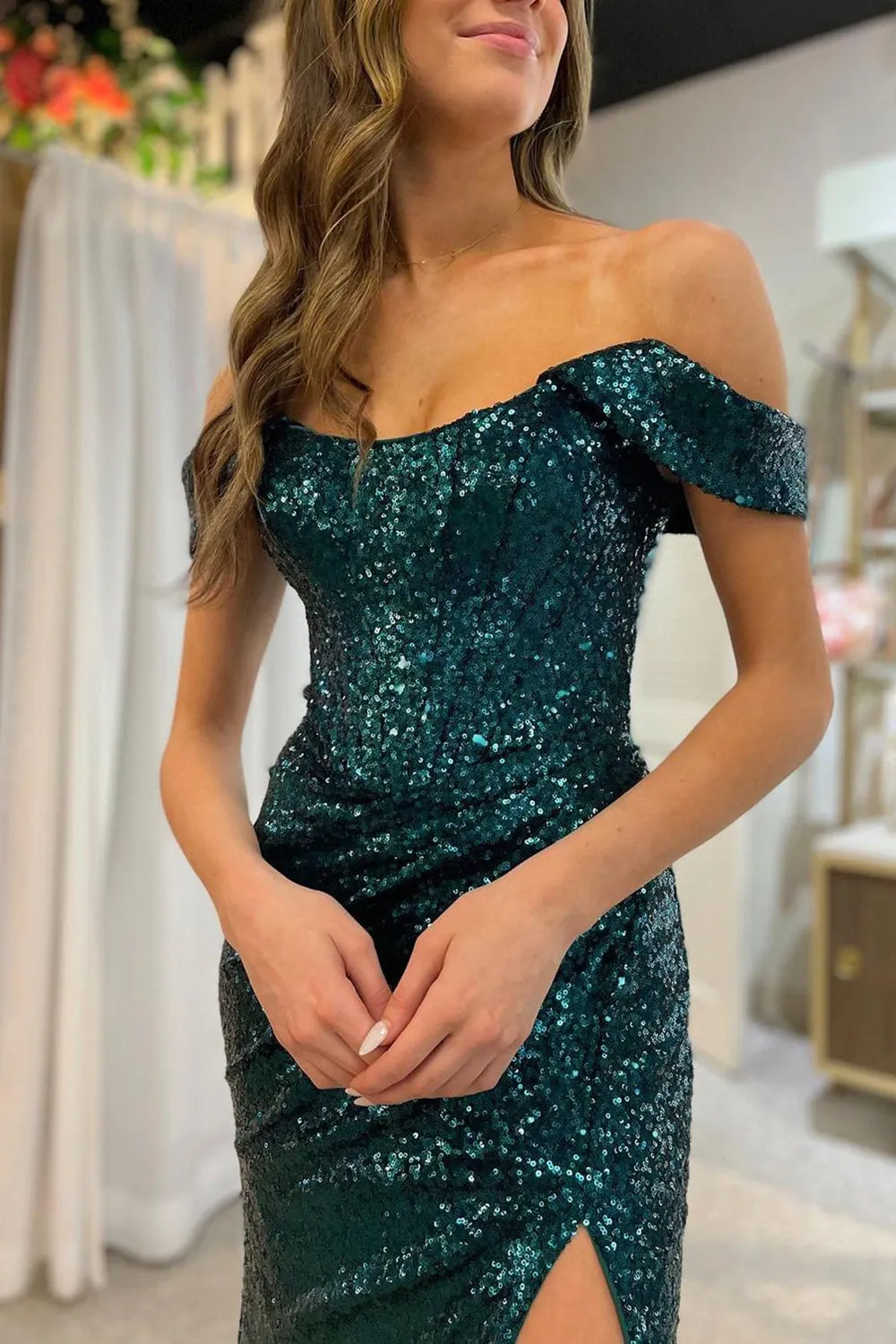 Turquiose Prom Dress Corset Long Sequined Evening Dress with Slit