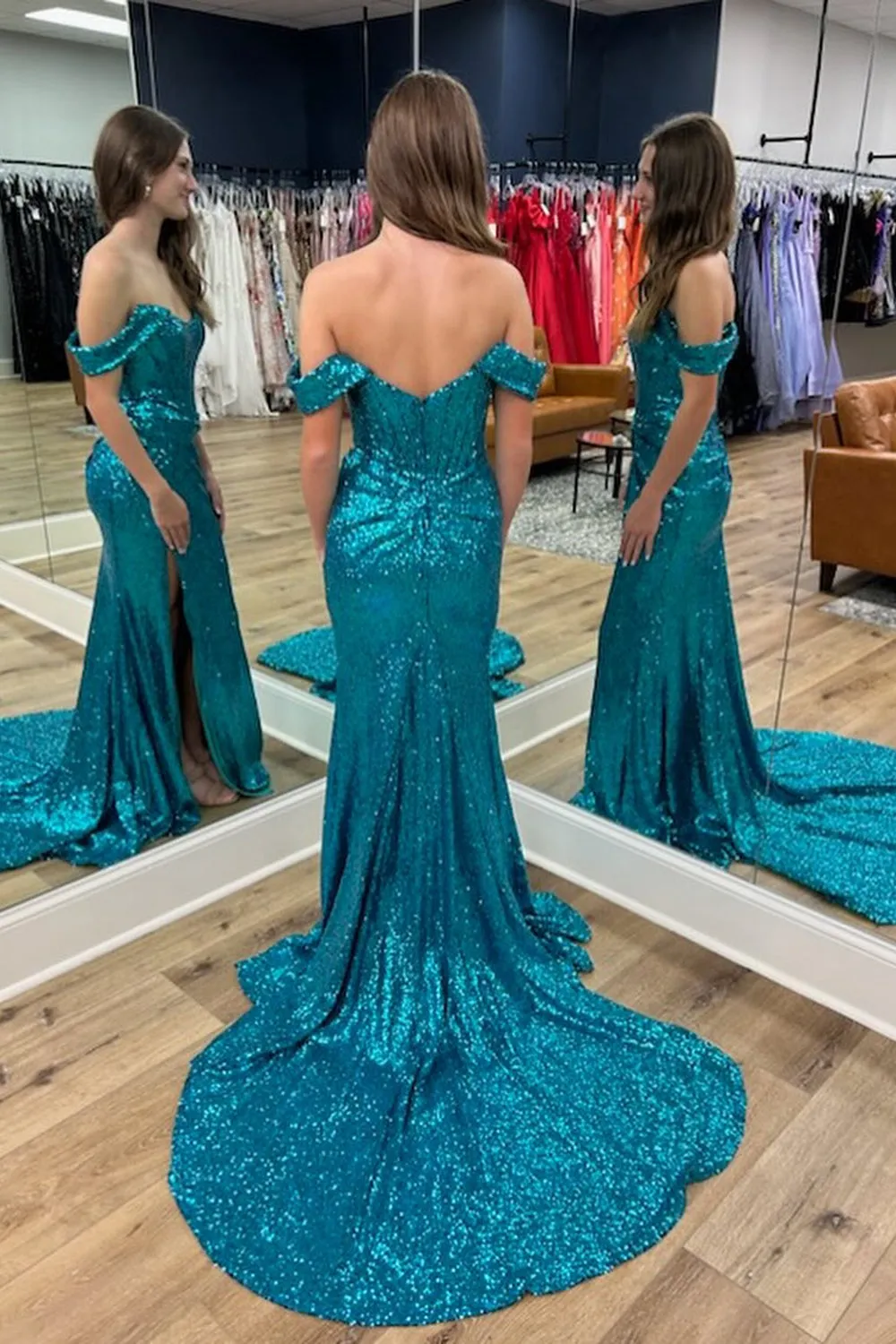 Turquiose Prom Dress Corset Long Sequined Evening Dress with Slit
