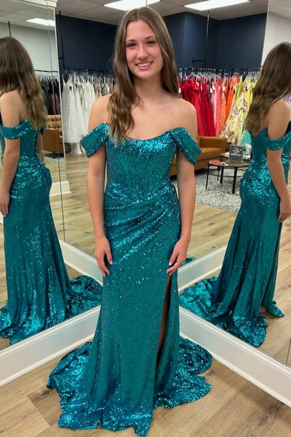 Turquiose Prom Dress Corset Long Sequined Evening Dress with Slit