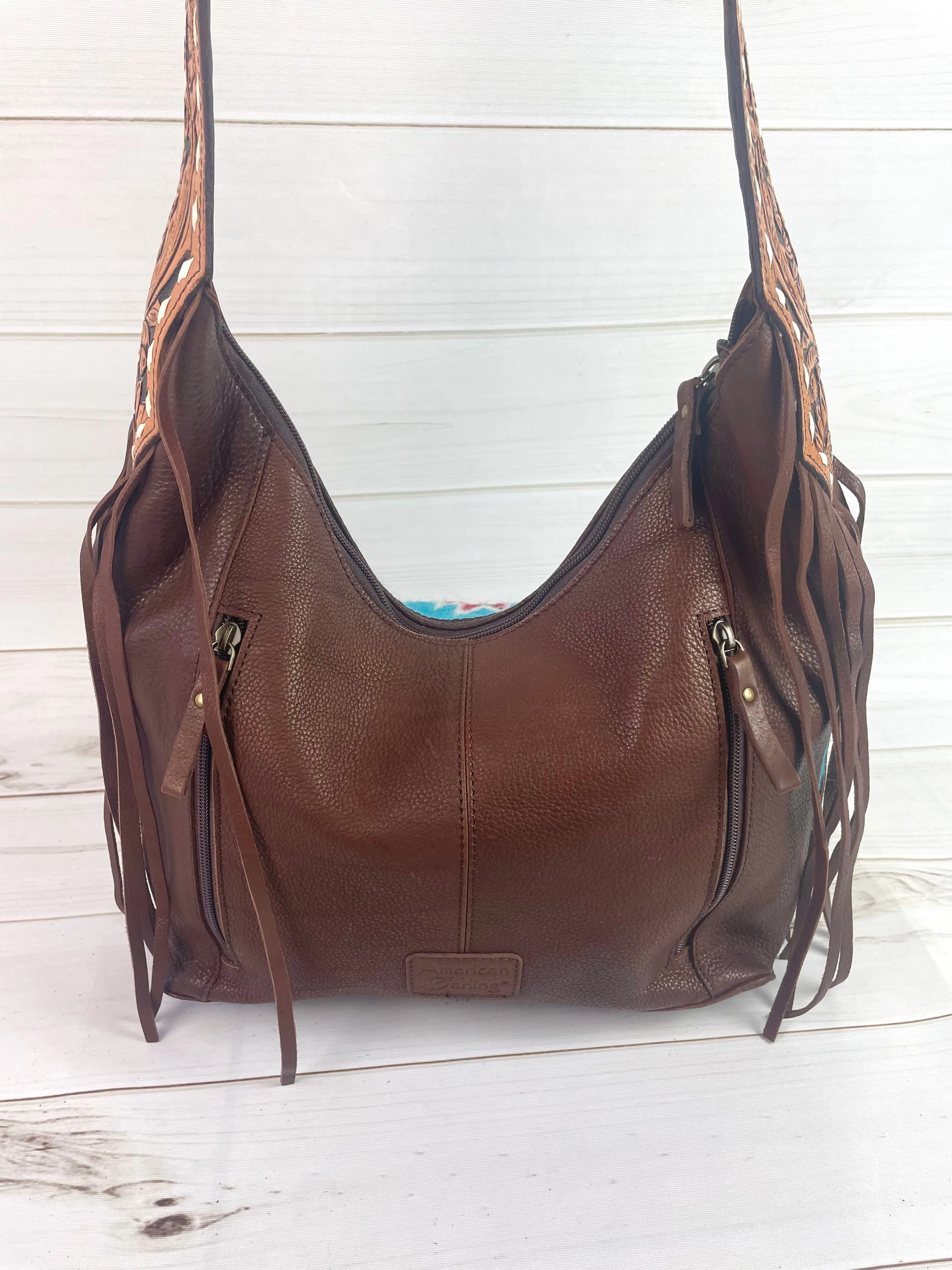 Turquoise and Maroon Wool Pattern Hobo Leather Fringe Handbag