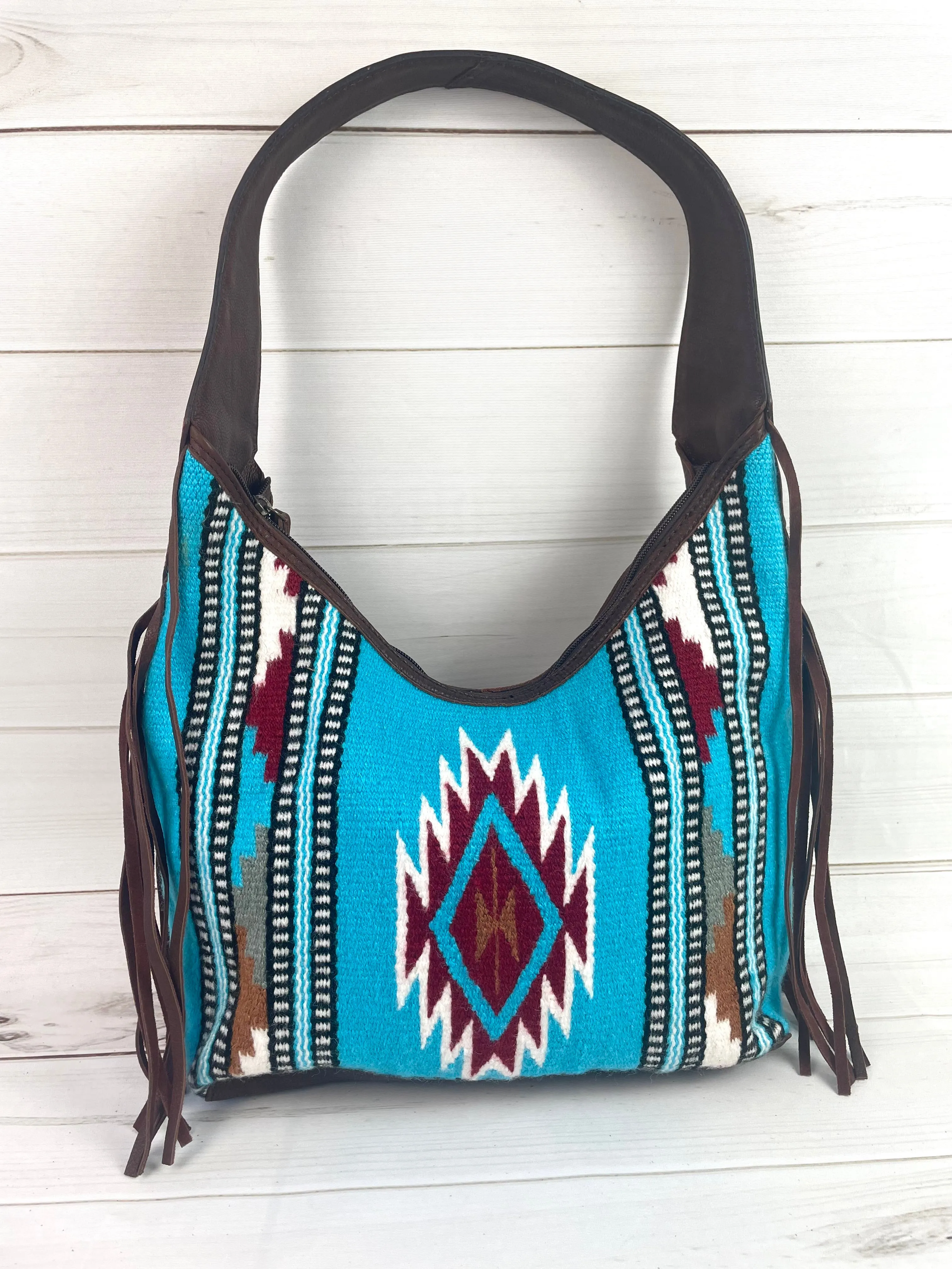 Turquoise and Maroon Wool Pattern Hobo Leather Fringe Handbag