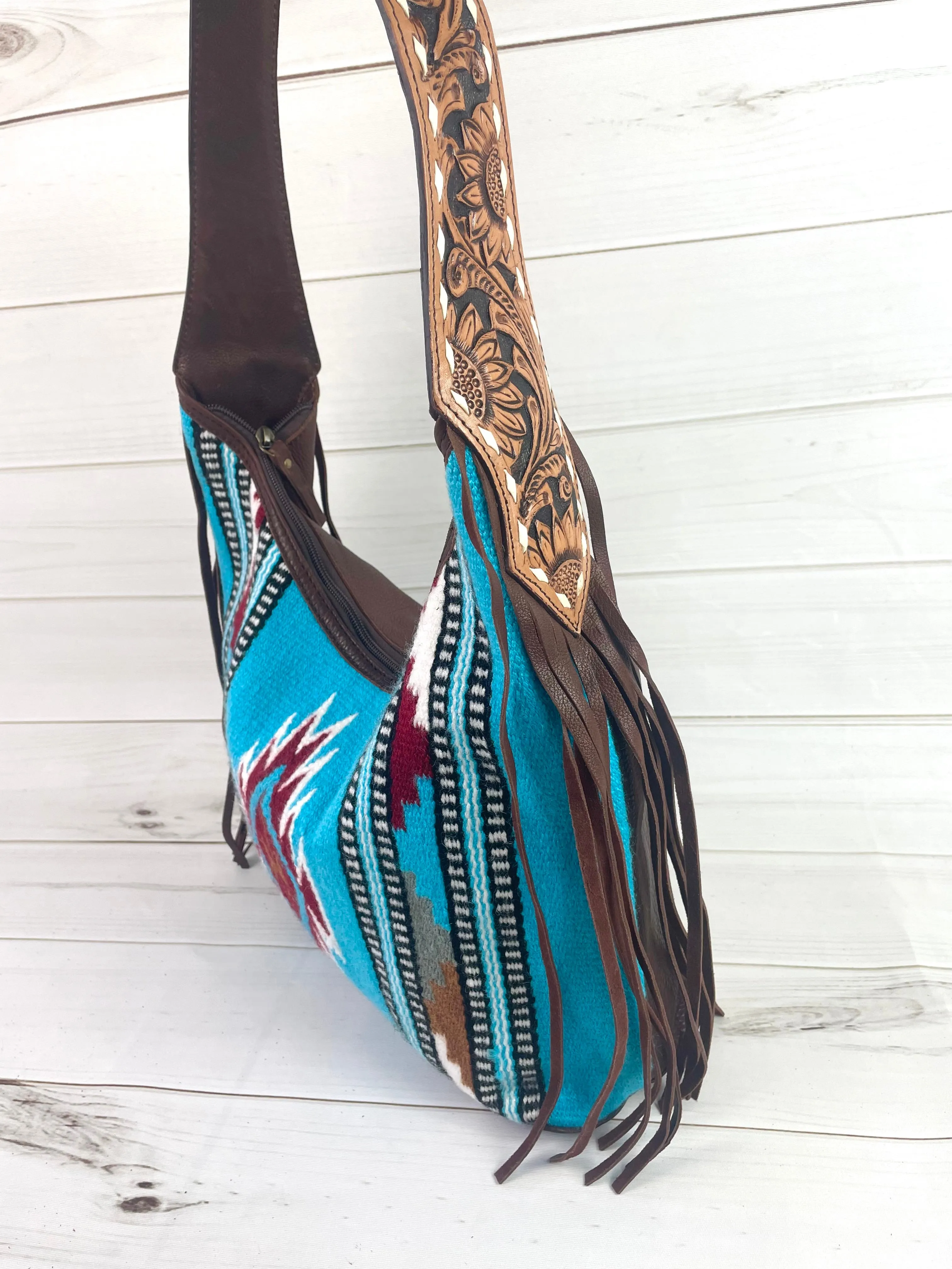 Turquoise and Maroon Wool Pattern Hobo Leather Fringe Handbag