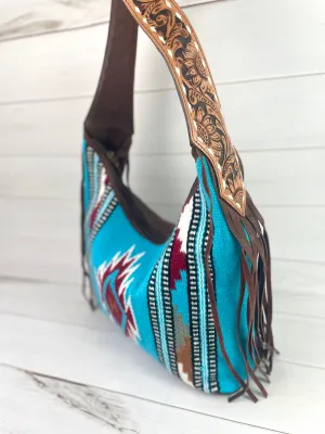 Turquoise and Maroon Wool Pattern Hobo Leather Fringe Handbag