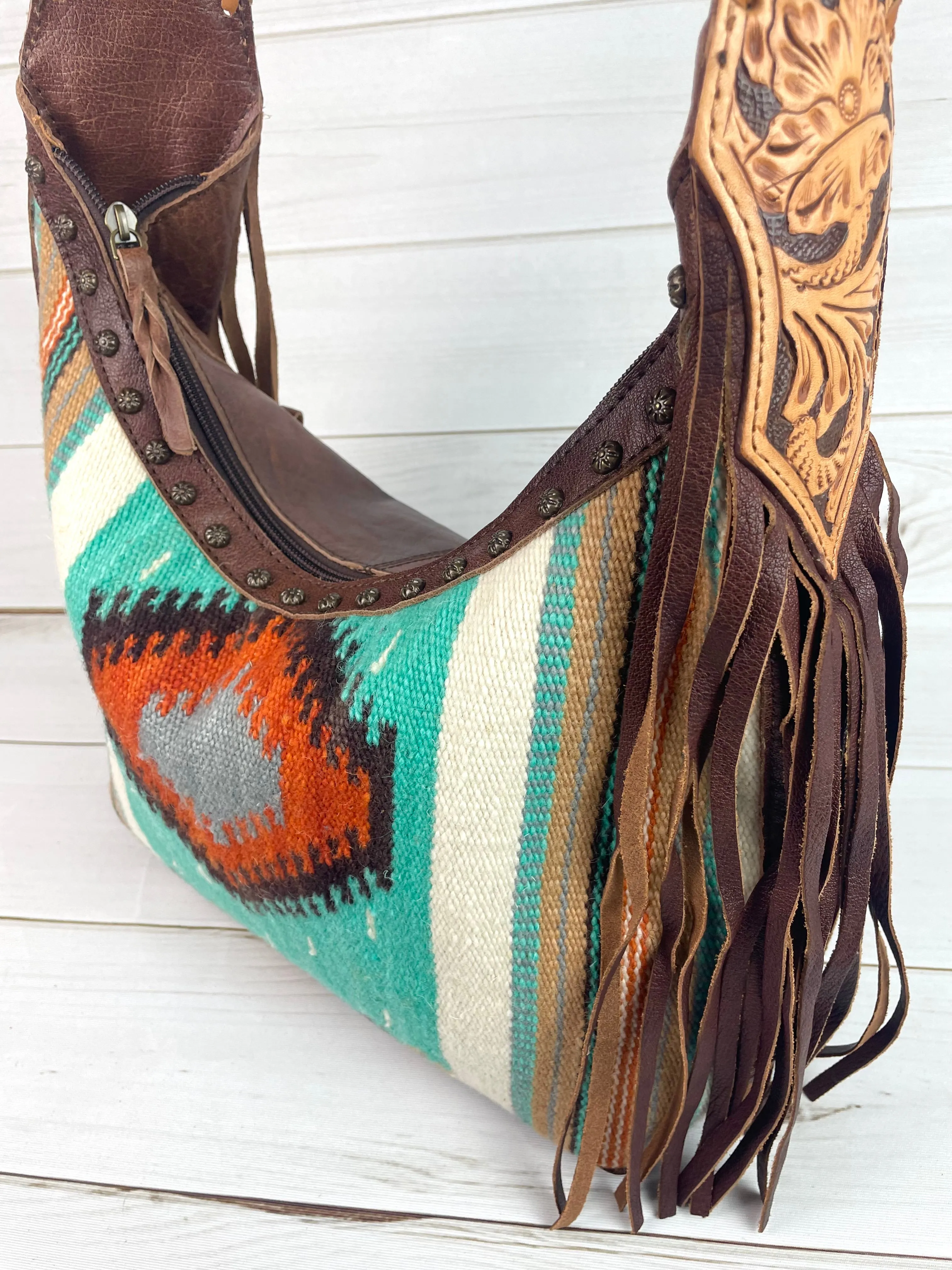 Turquoise Orange Diamond Wool Pattern Hobo Leather Fringe Handbag