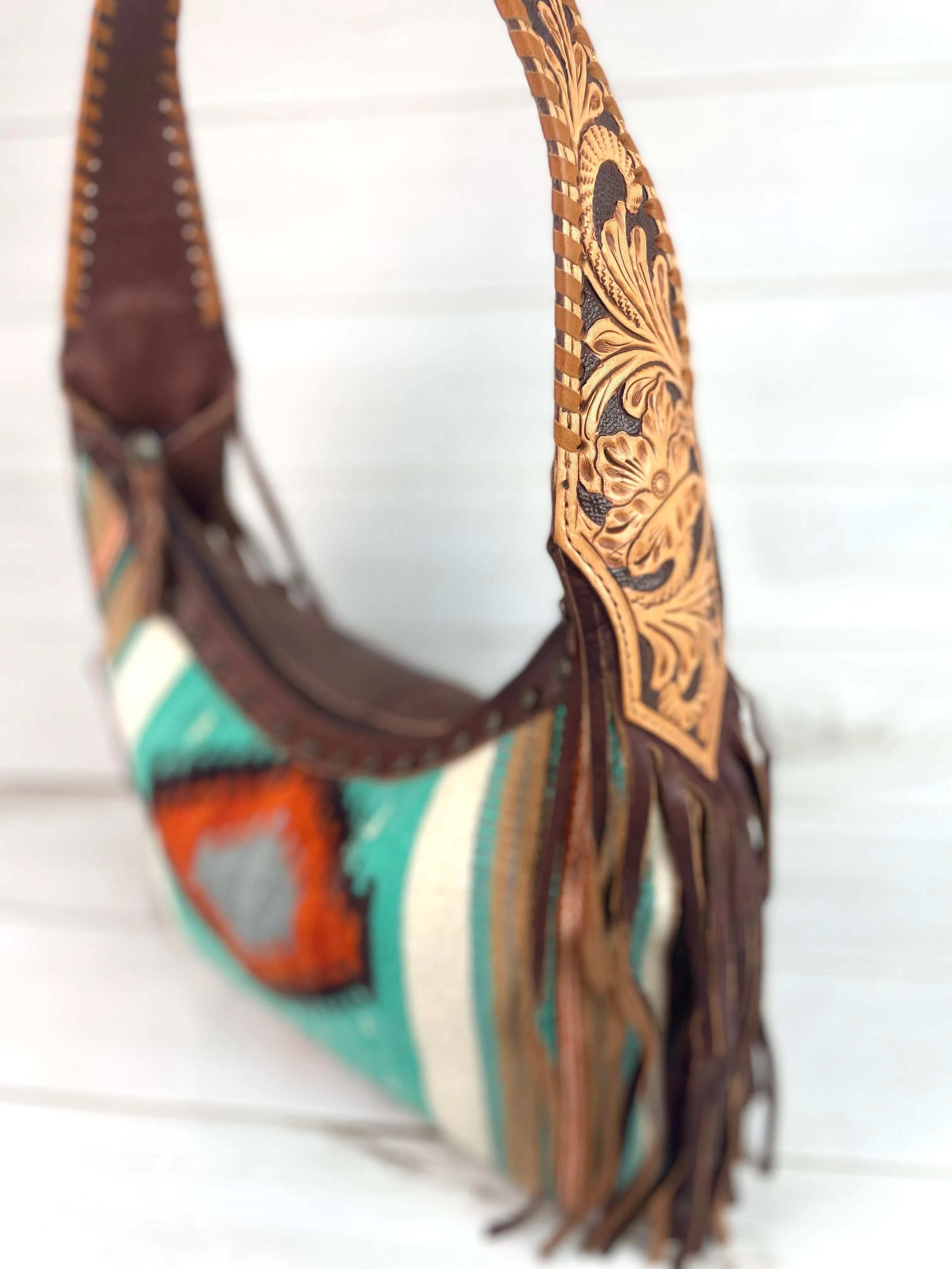 Turquoise Orange Diamond Wool Pattern Hobo Leather Fringe Handbag