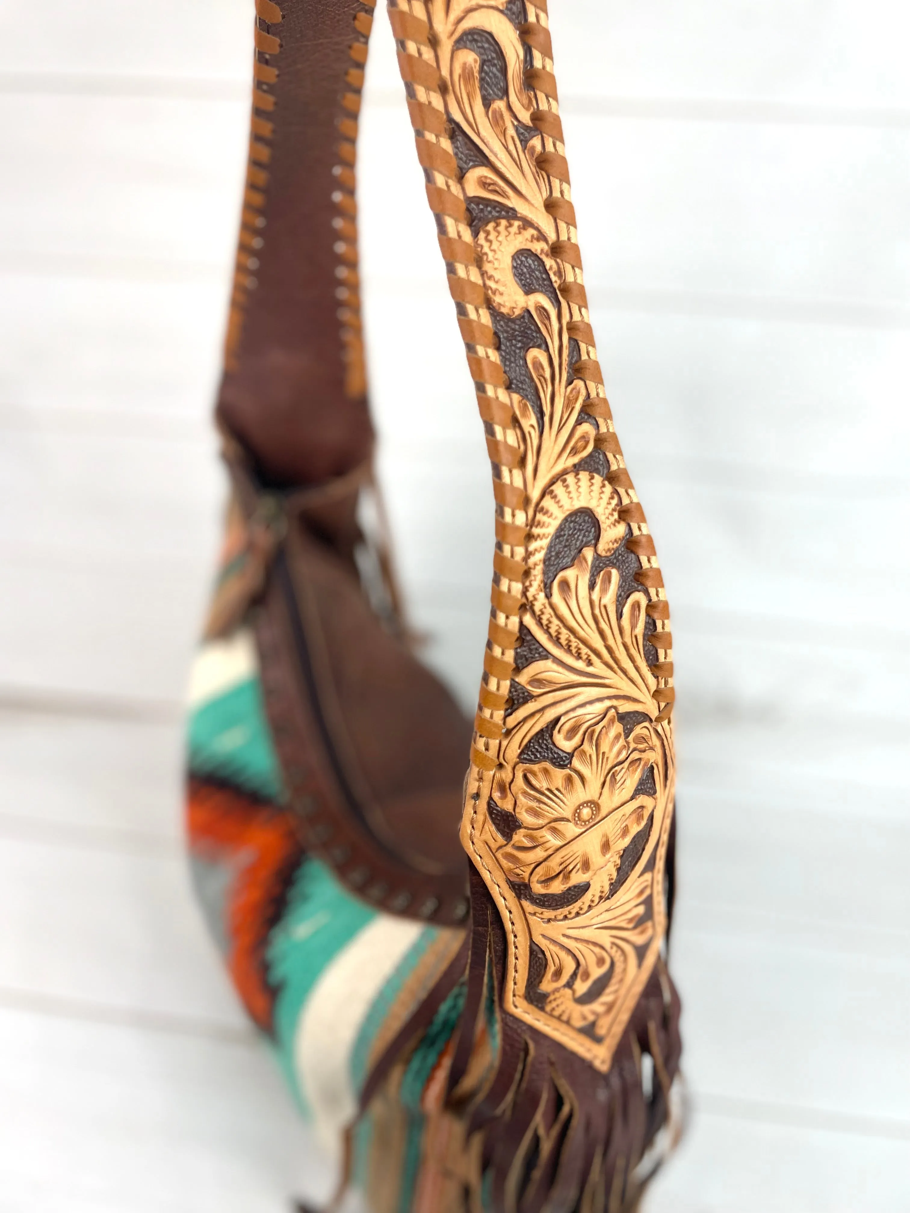 Turquoise Orange Diamond Wool Pattern Hobo Leather Fringe Handbag