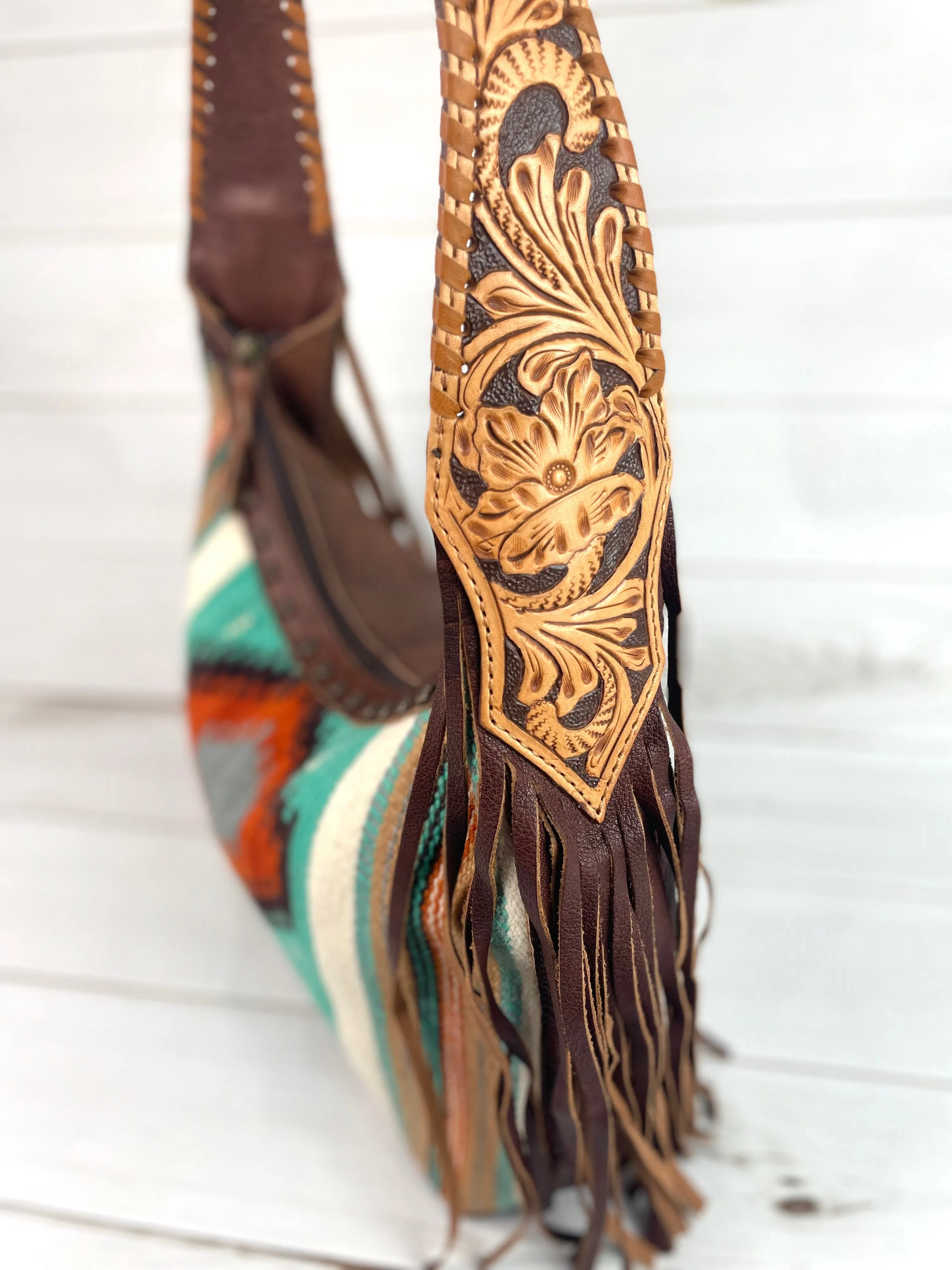 Turquoise Orange Diamond Wool Pattern Hobo Leather Fringe Handbag