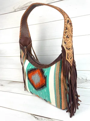 Turquoise Orange Diamond Wool Pattern Hobo Leather Fringe Handbag