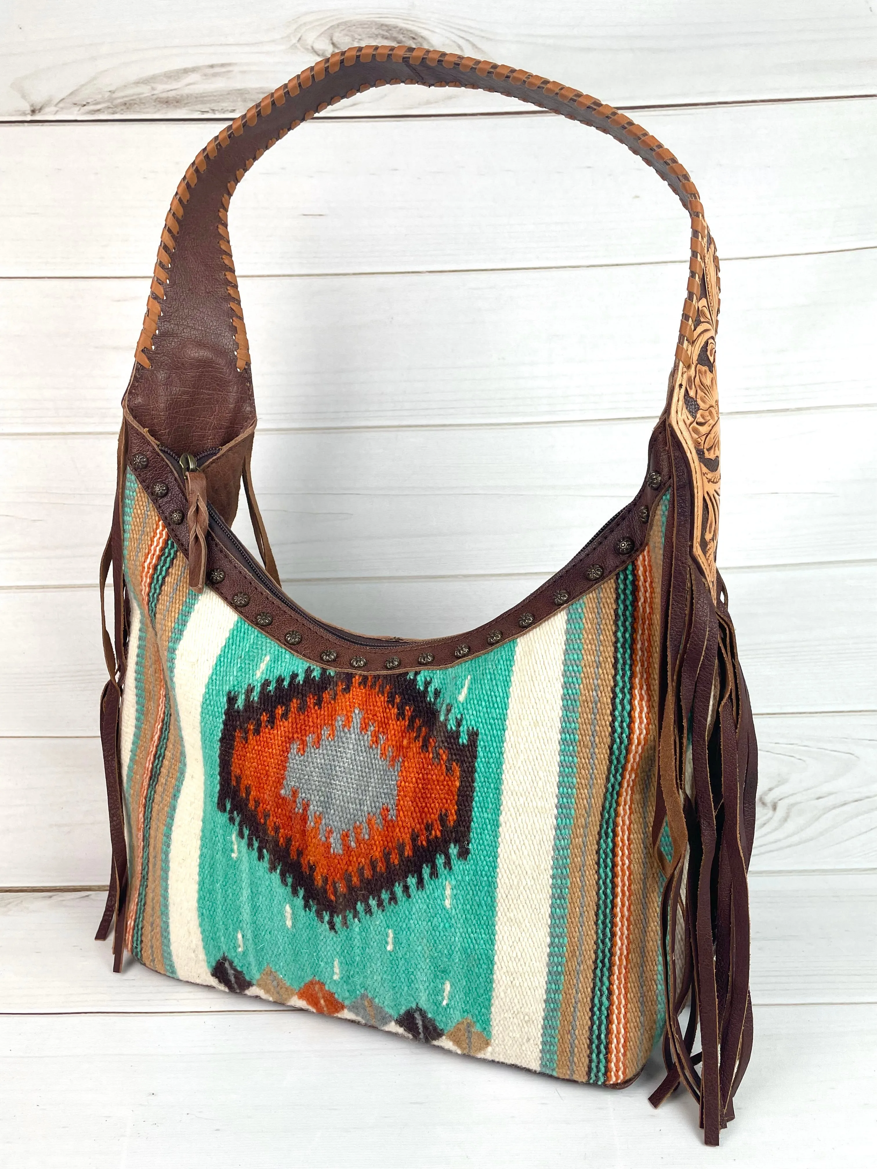 Turquoise Orange Diamond Wool Pattern Hobo Leather Fringe Handbag