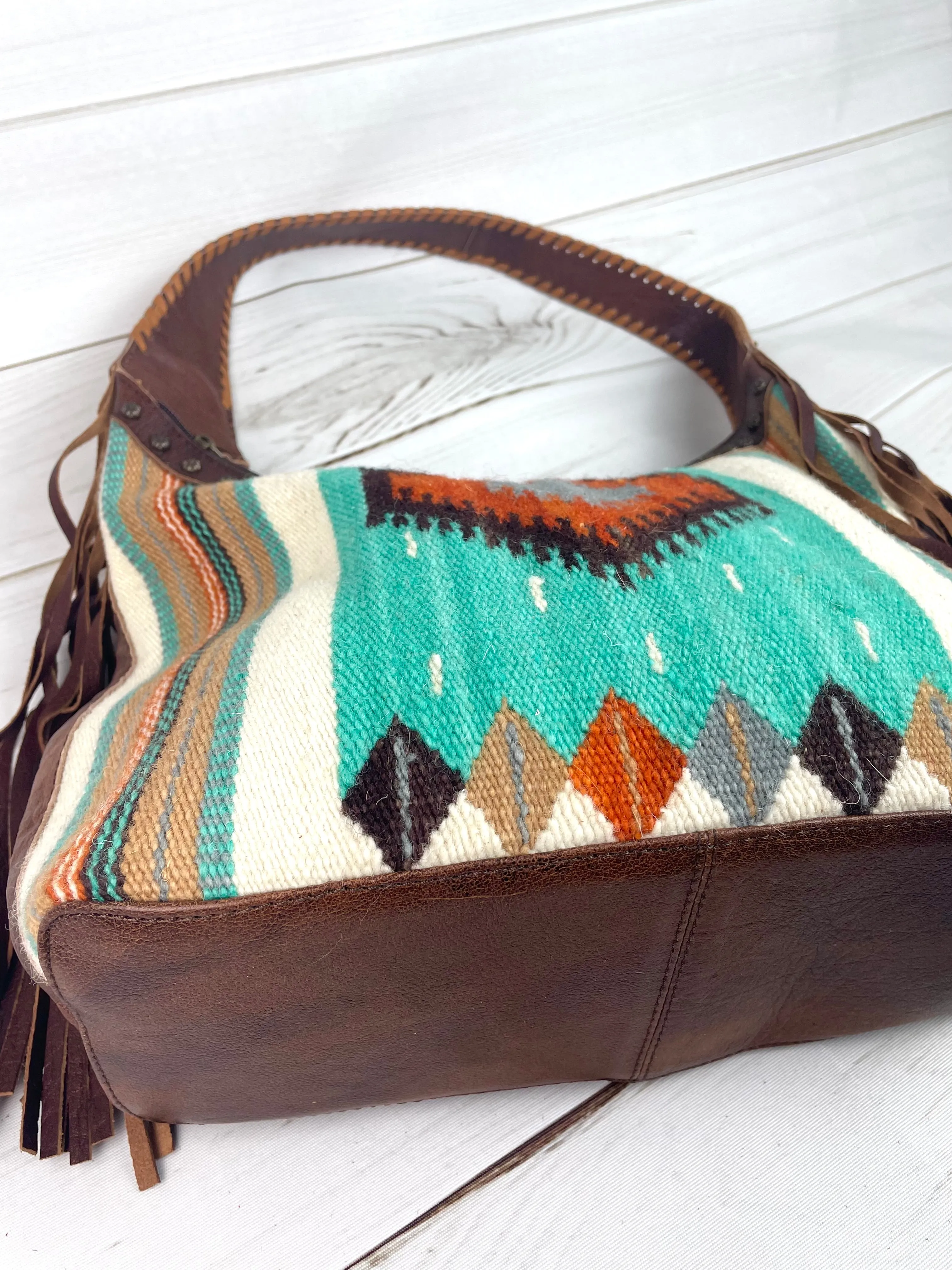 Turquoise Orange Diamond Wool Pattern Hobo Leather Fringe Handbag