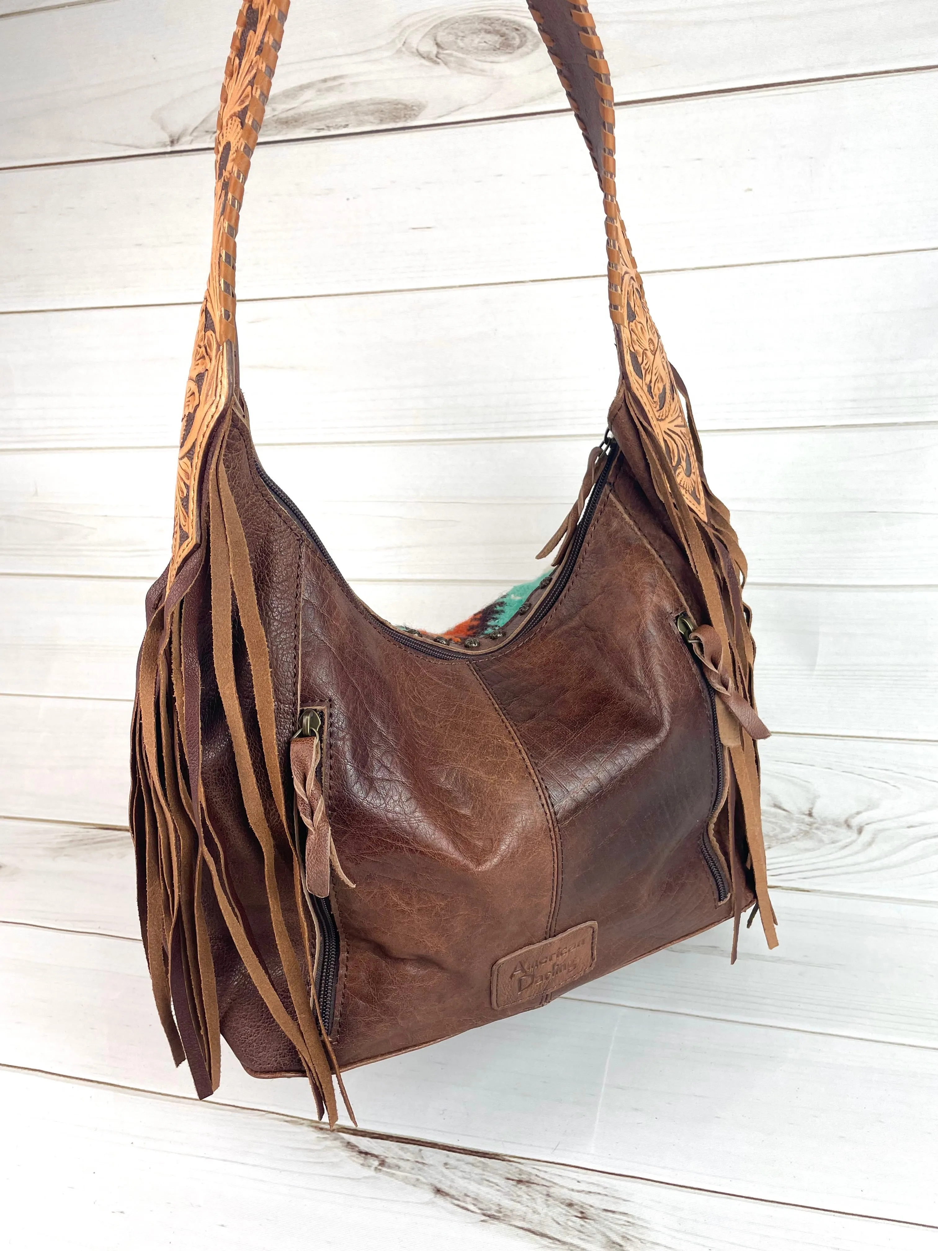 Turquoise Orange Diamond Wool Pattern Hobo Leather Fringe Handbag