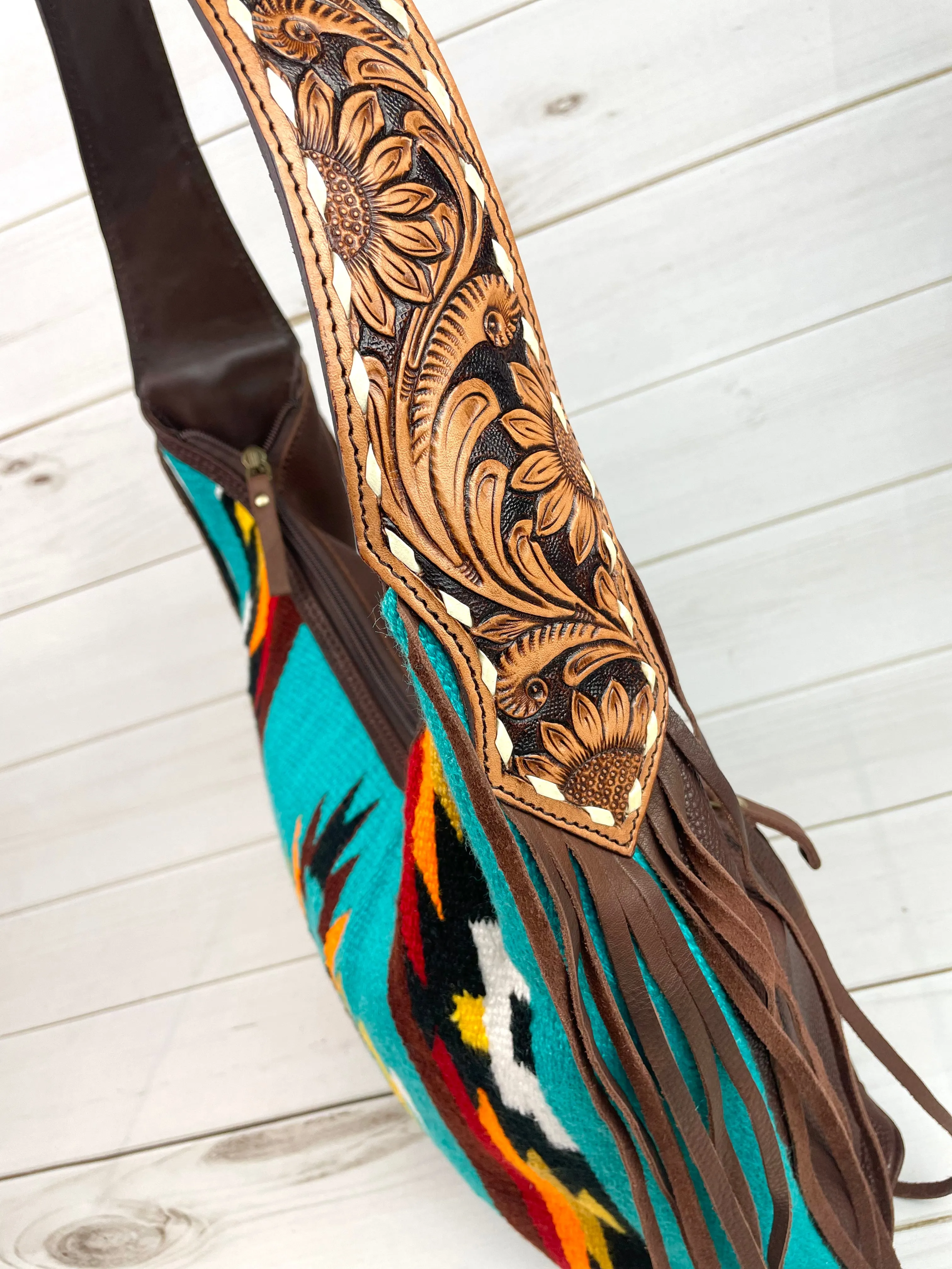 Turquoise Sunset Wool Pattern Hobo Leather Fringe Handbag