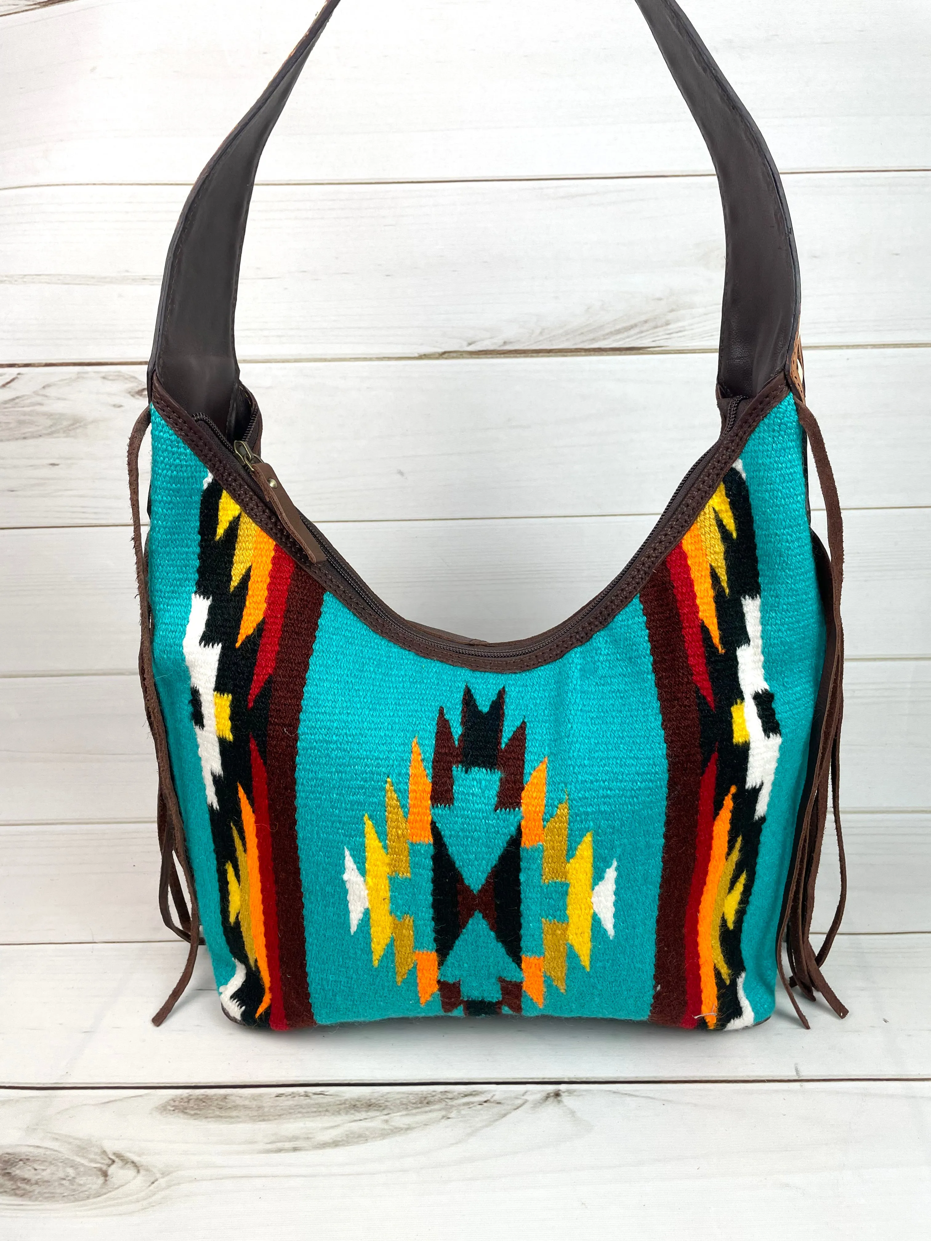 Turquoise Sunset Wool Pattern Hobo Leather Fringe Handbag