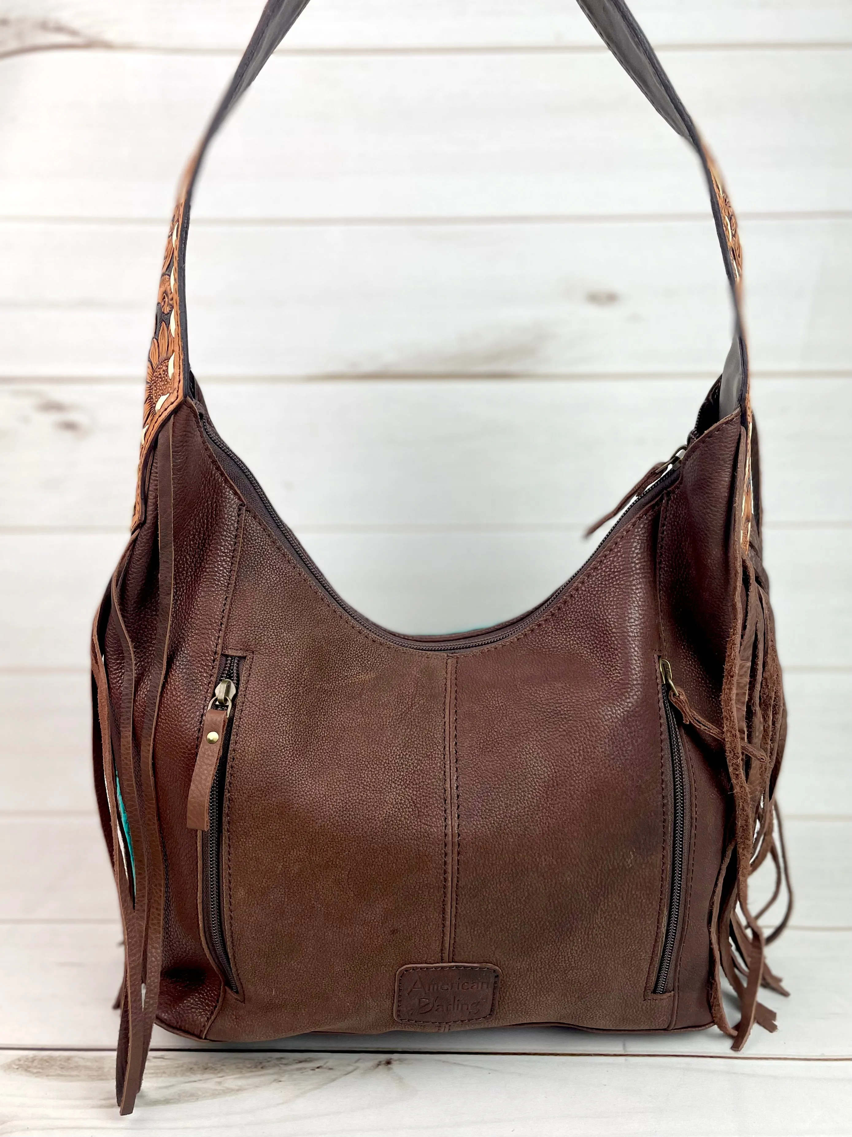 Turquoise Sunset Wool Pattern Hobo Leather Fringe Handbag